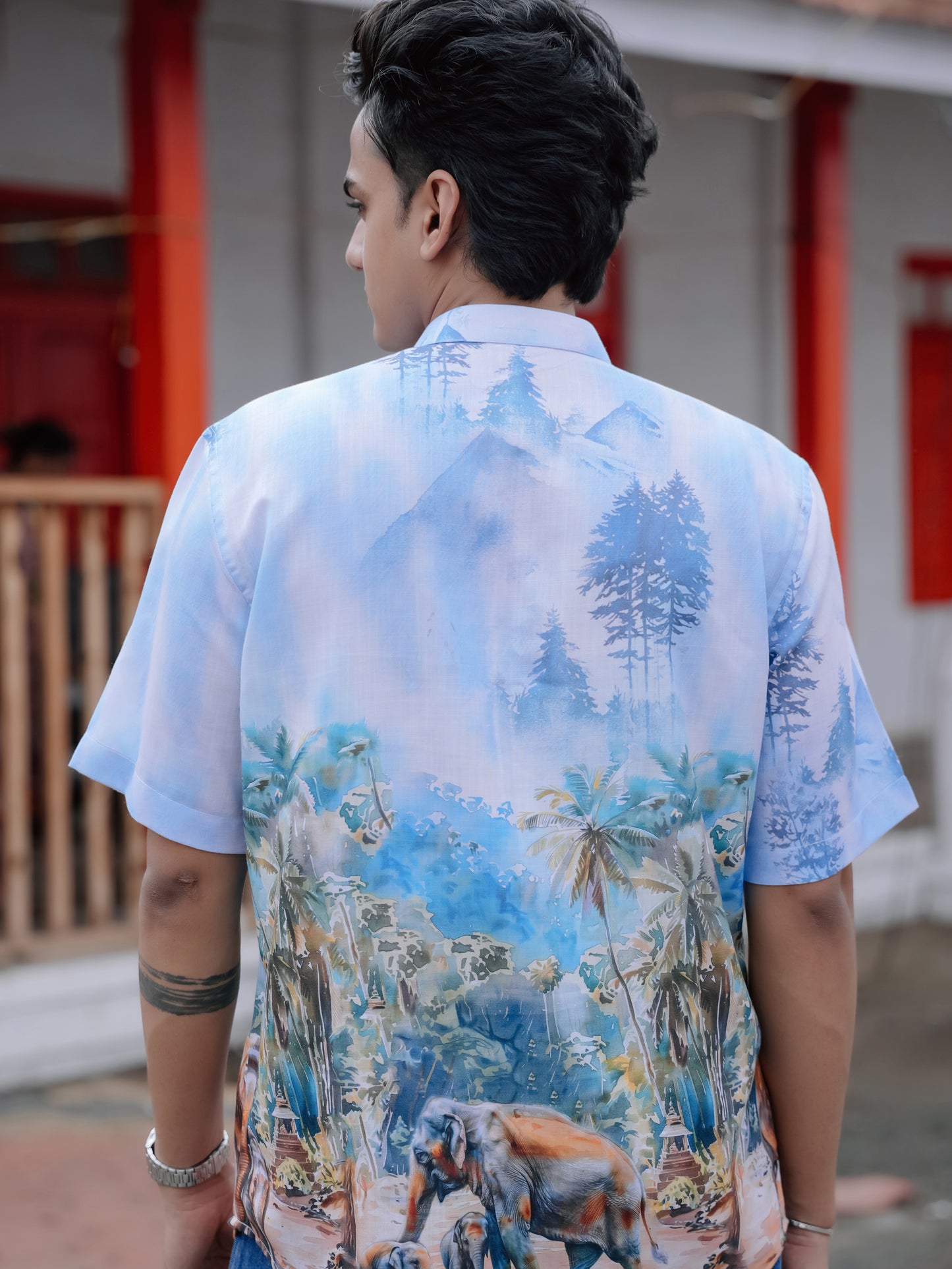 Men's Cotton Linen Street Style Vibes Elephant Nature Printed Shirt