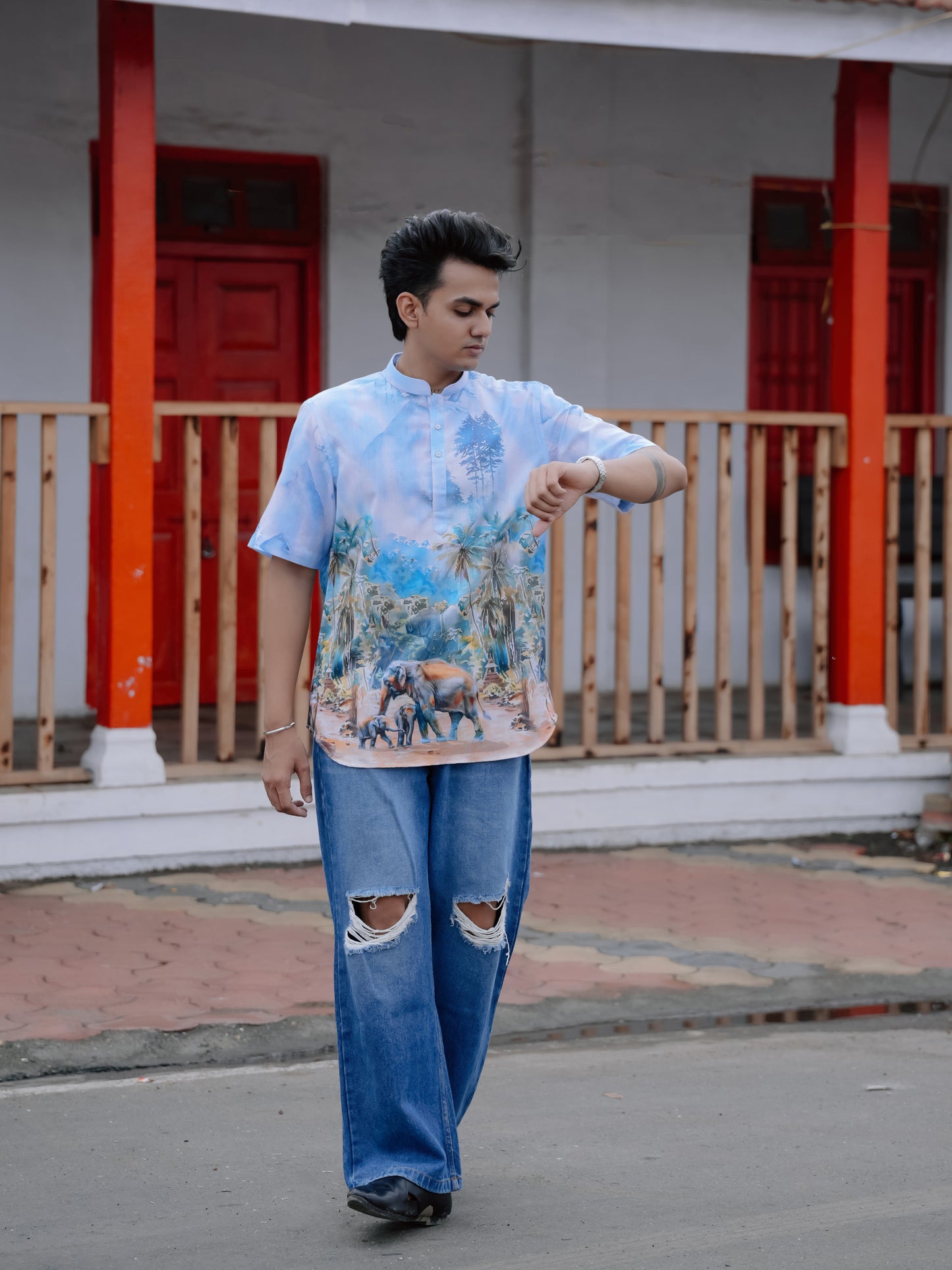 Men's Cotton Linen Street Style Vibes Elephant Nature Printed Shirt