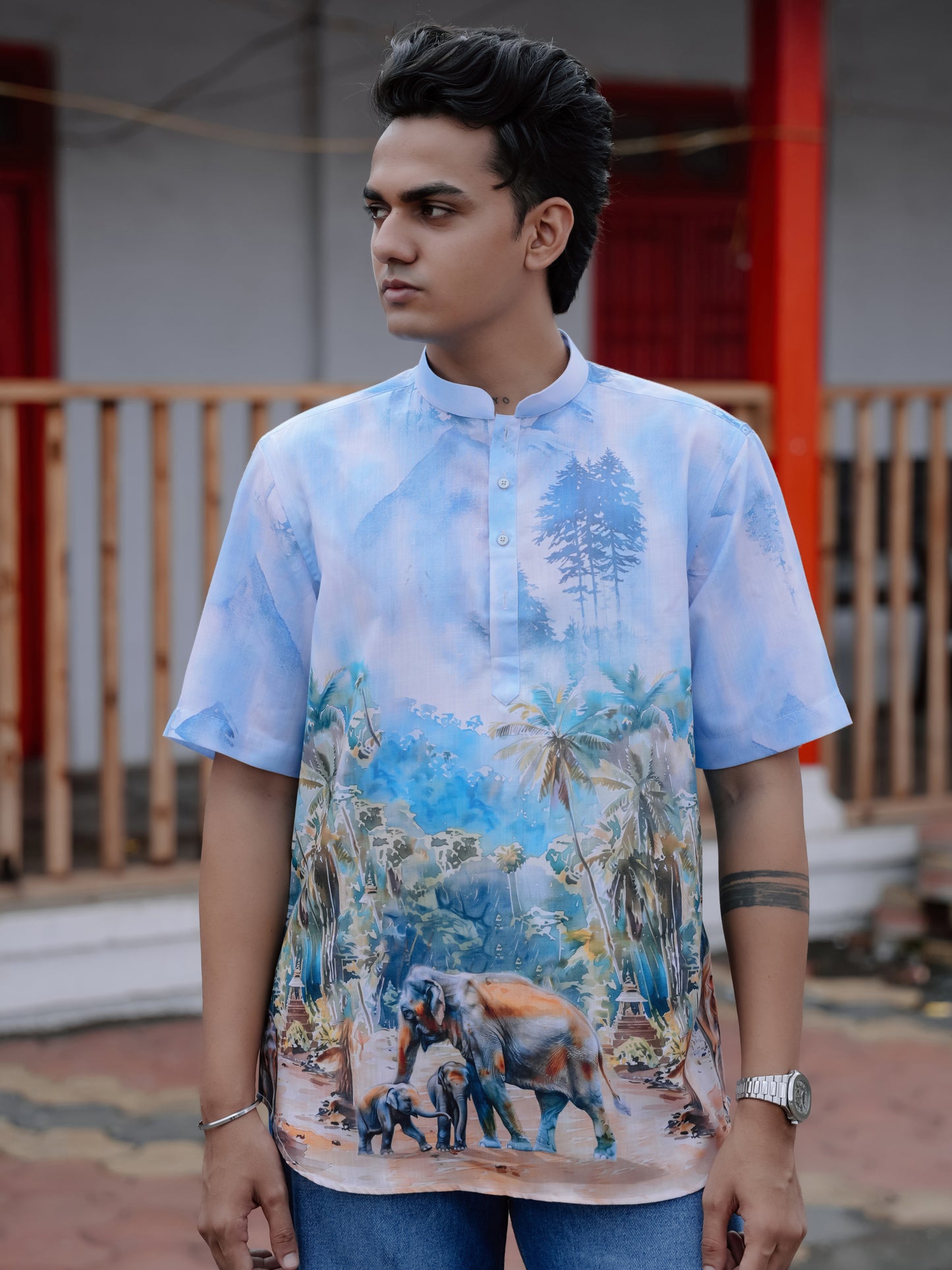 Men's Cotton Linen Street Style Vibes Elephant Nature Printed Shirt