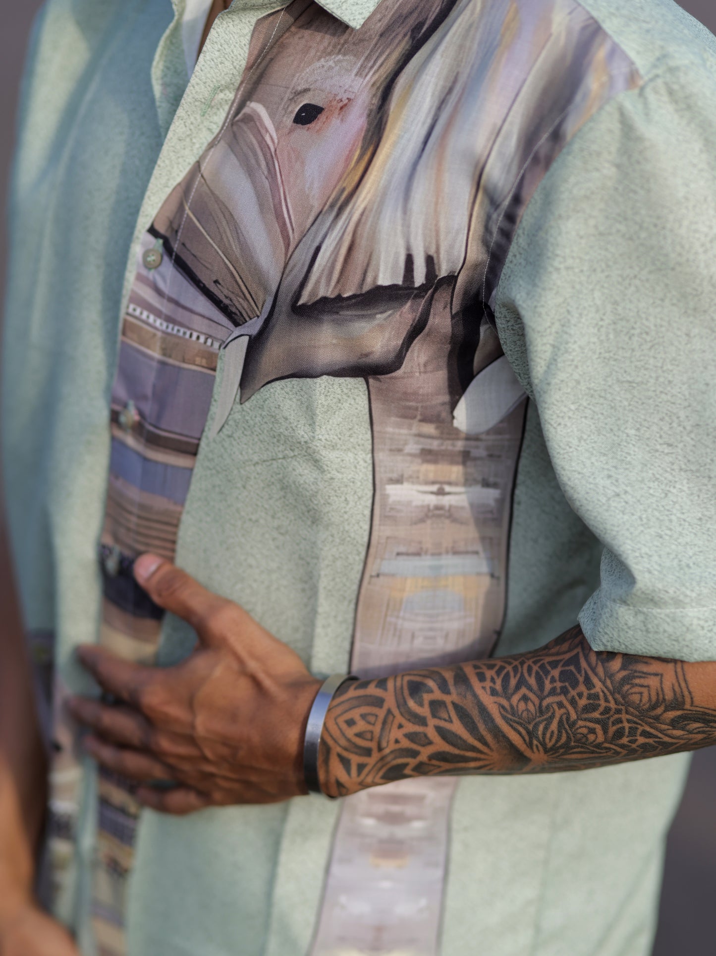 Men’s Green Cotton Linen Shirt with Elephant Print