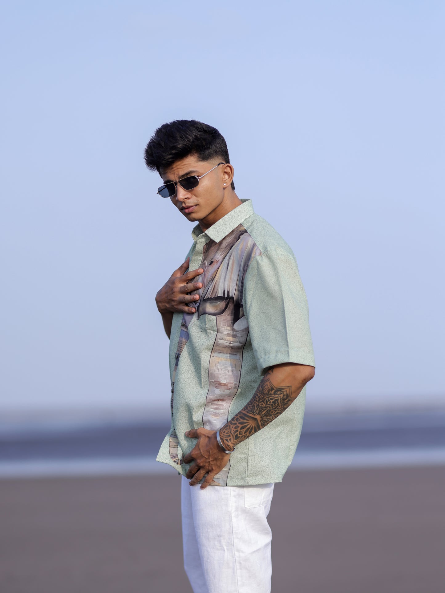 Men’s Green Cotton Linen Shirt with Elephant Print
