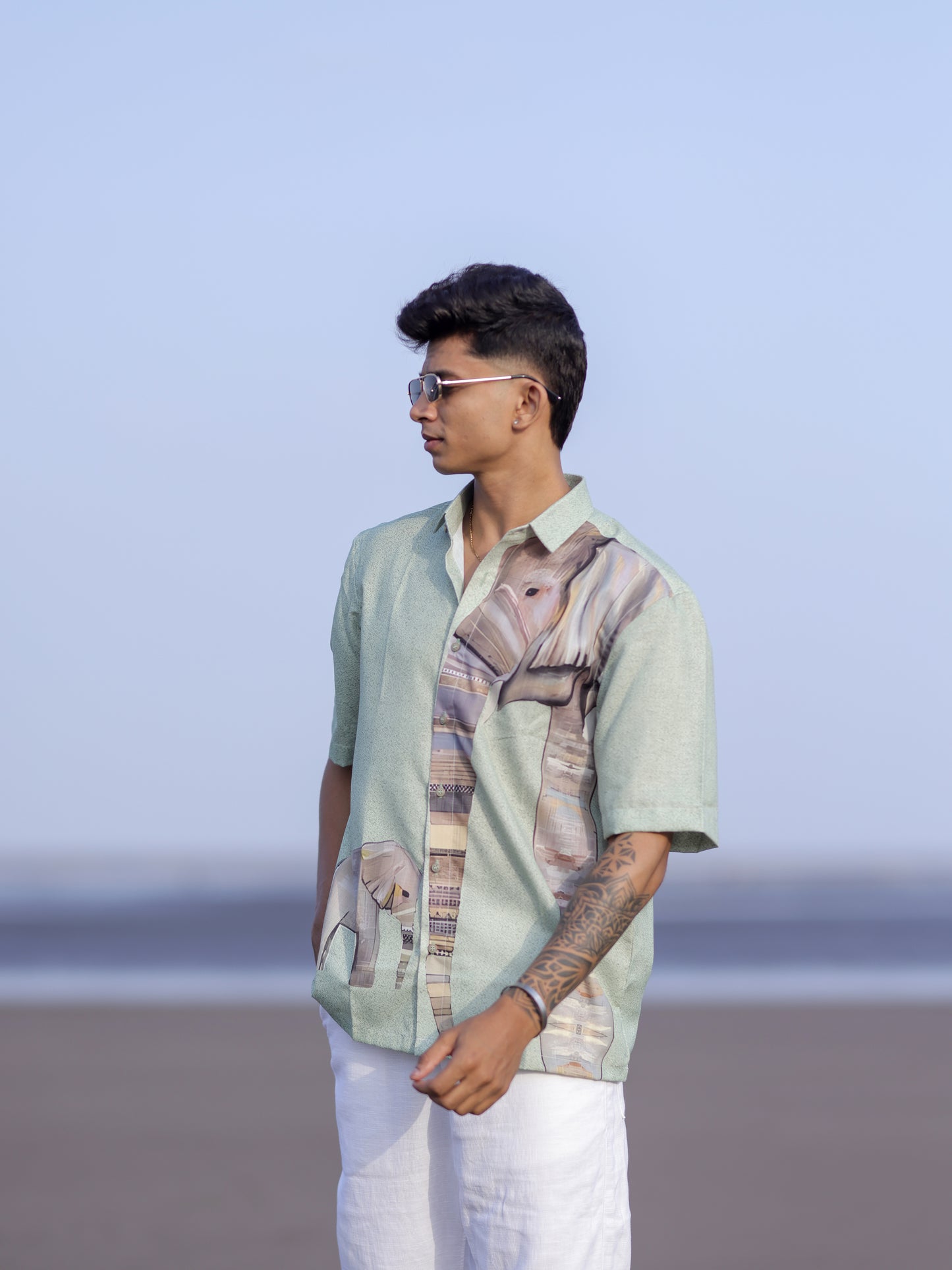 Men’s Green Cotton Linen Shirt with Elephant Print