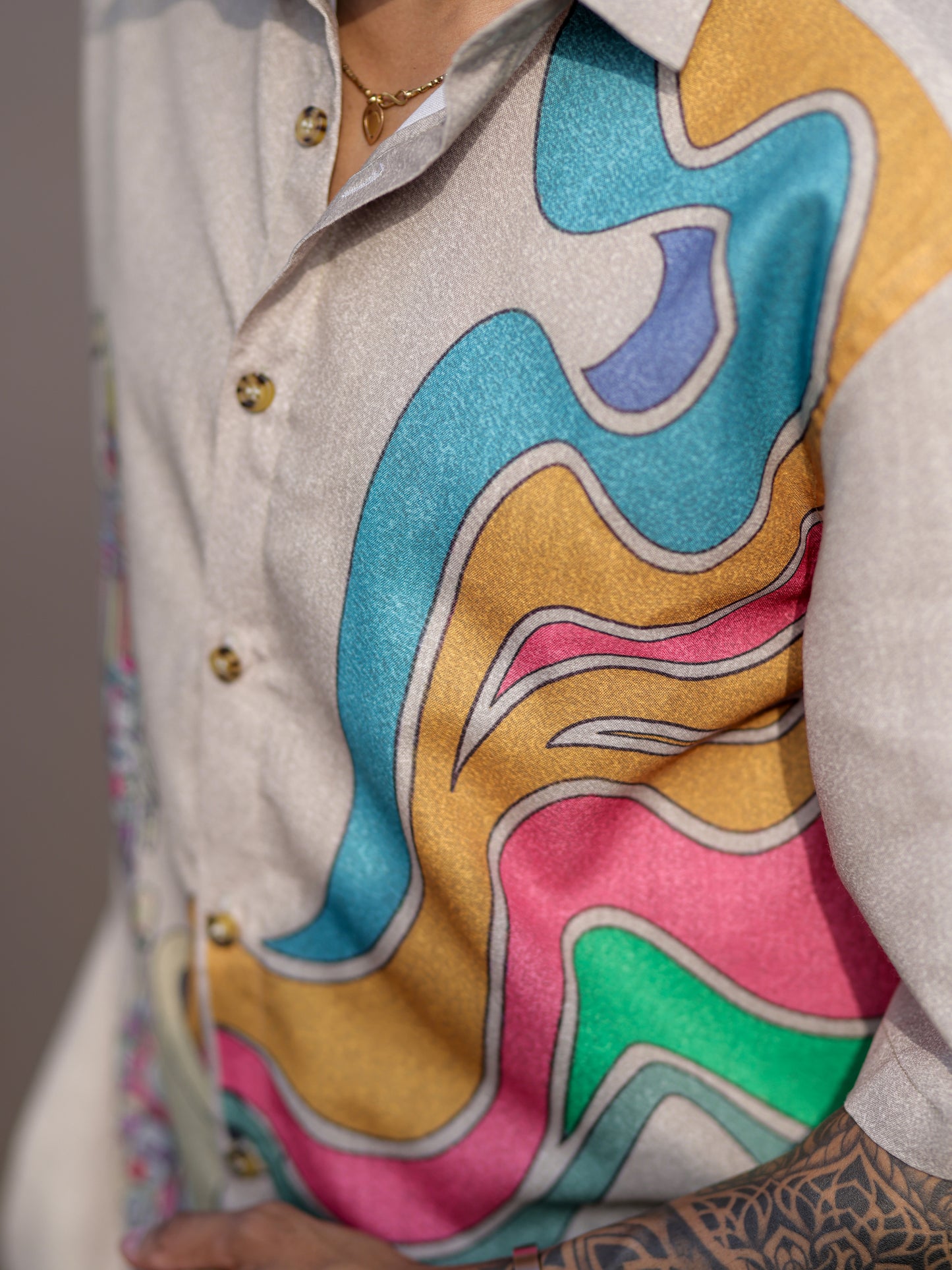 Men’s Beige Cotton Linen Shirt with Saxophone Print – Trendy Fit