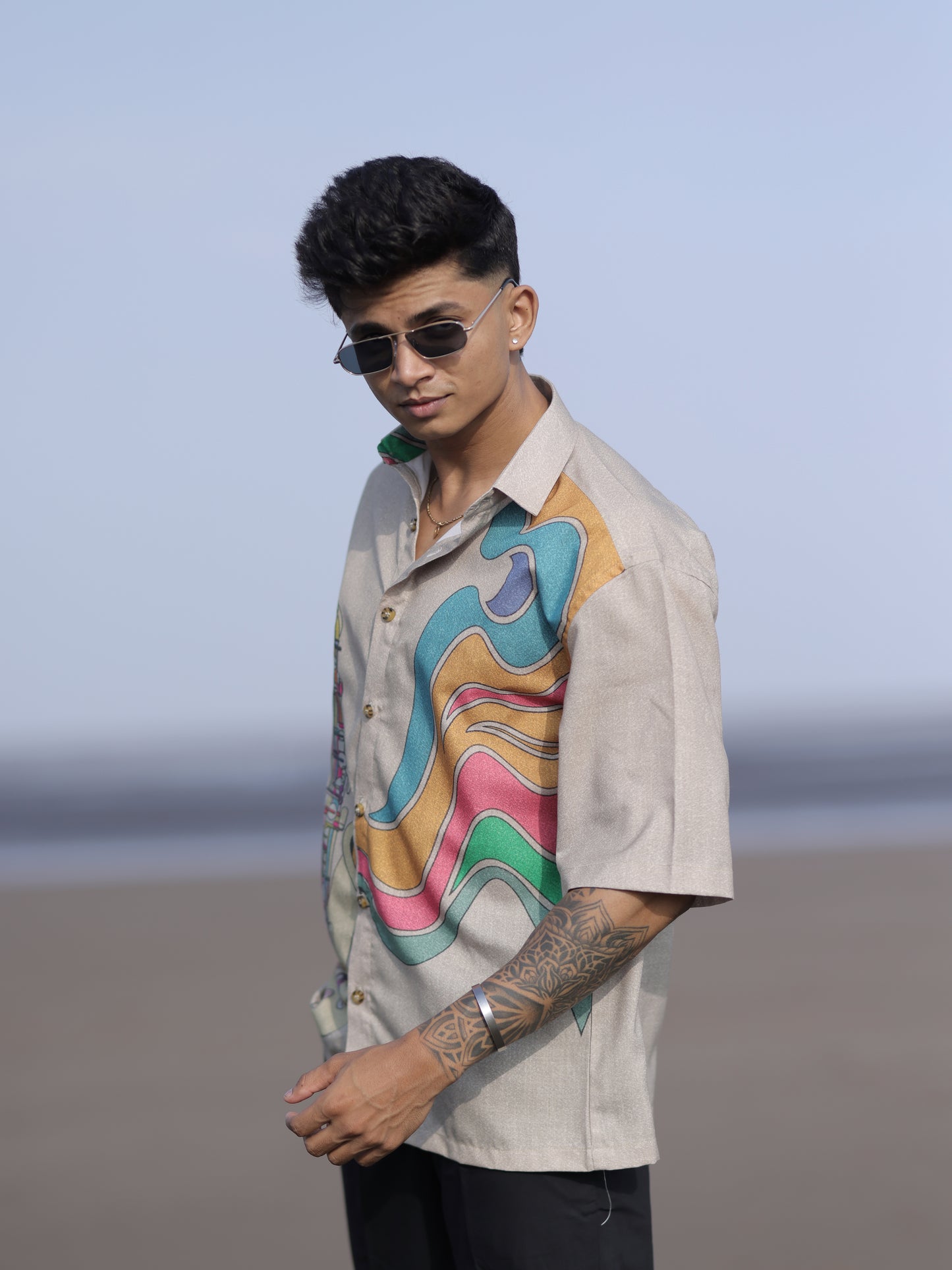 Men’s Beige Cotton Linen Shirt with Saxophone Print – Trendy Fit