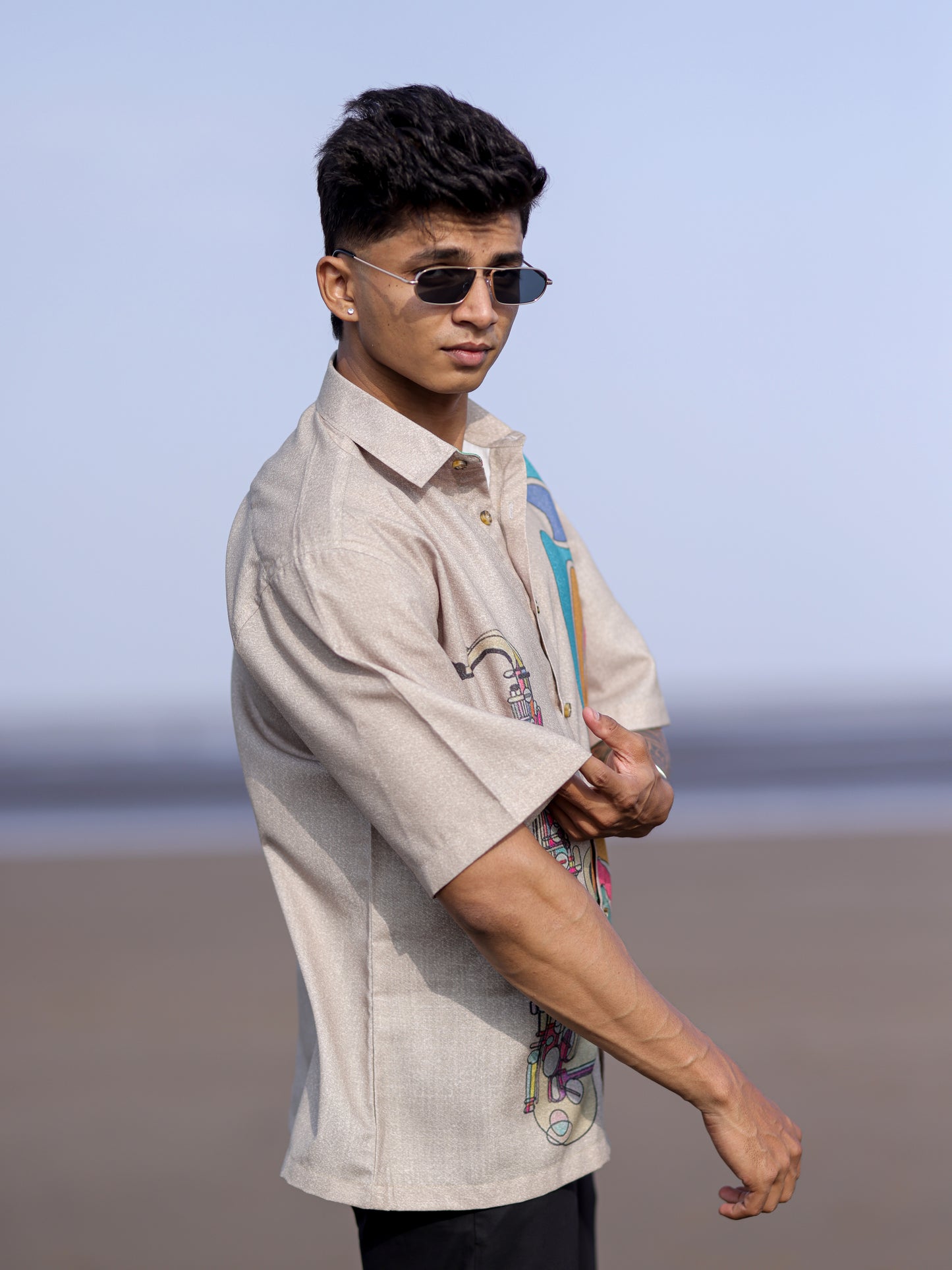 Men’s Beige Cotton Linen Shirt with Saxophone Print – Trendy Fit