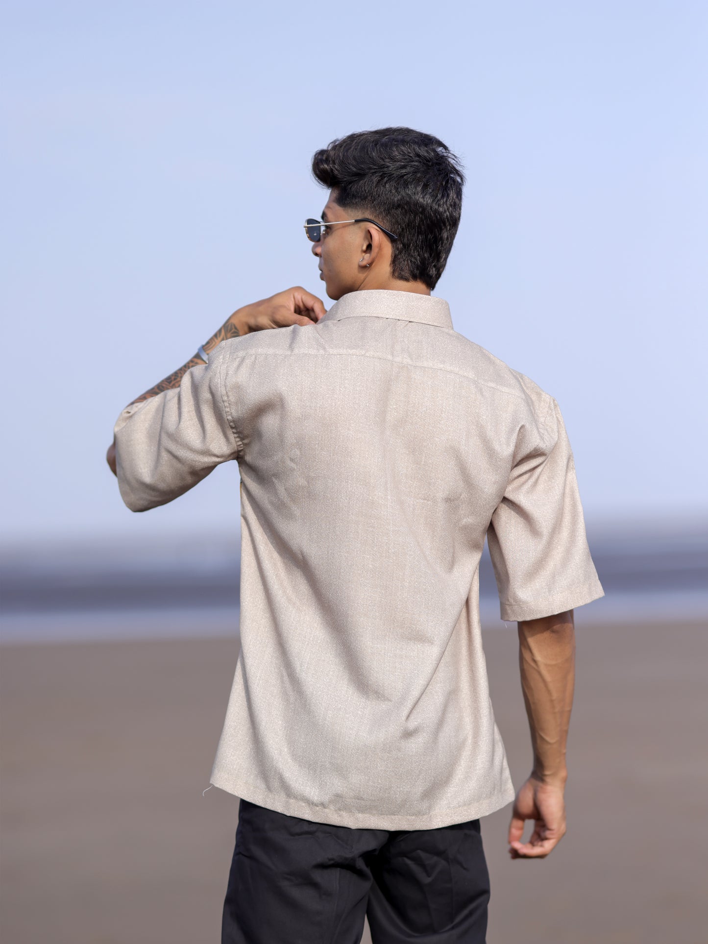 Men’s Beige Cotton Linen Shirt with Saxophone Print – Trendy Fit