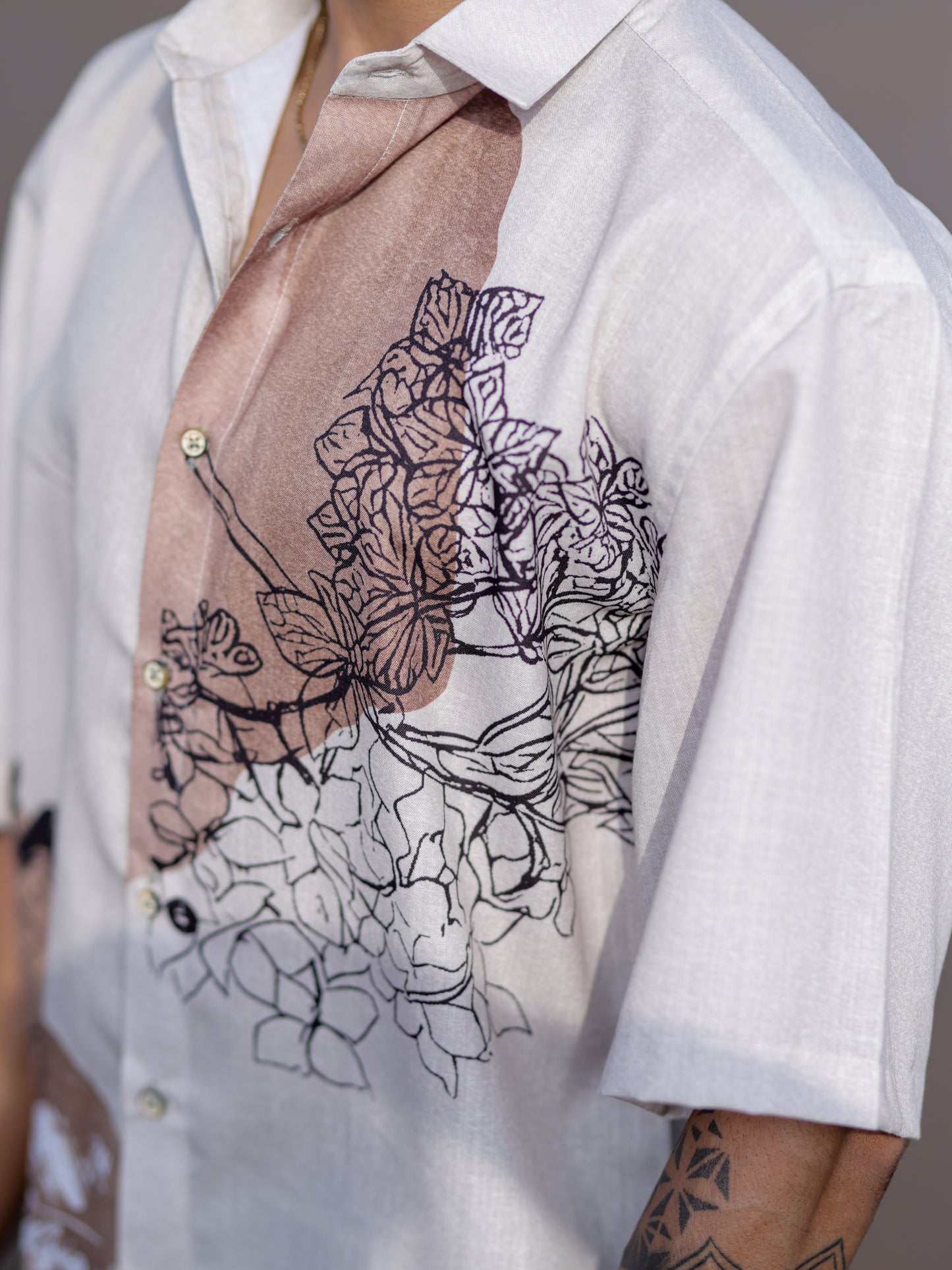 Men’s Cream Cotton Linen Shirt with Artistic Floral Sketch Print