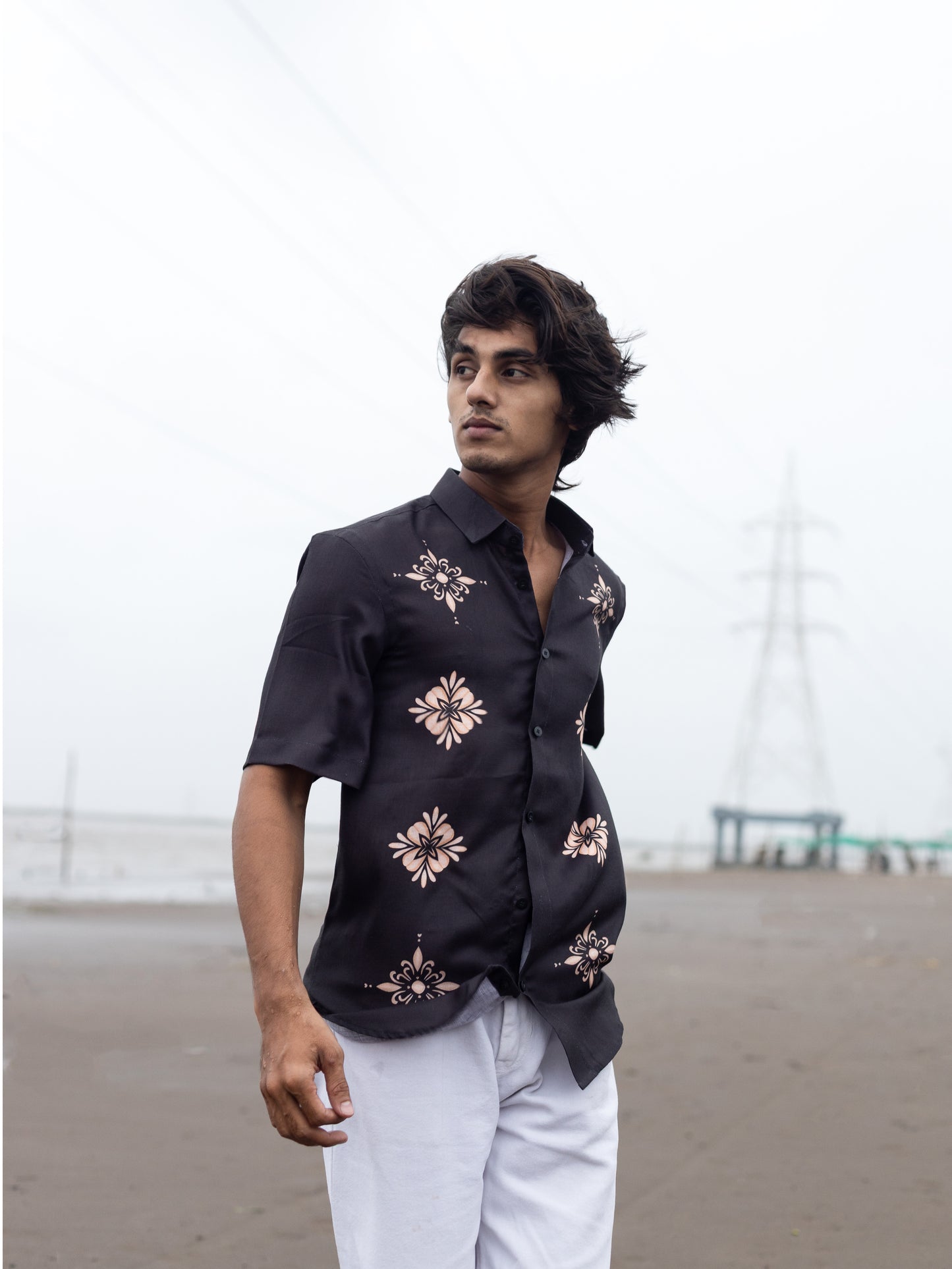 Modern Men's Black Cotton Linen Printed Shirt - Casual Style
