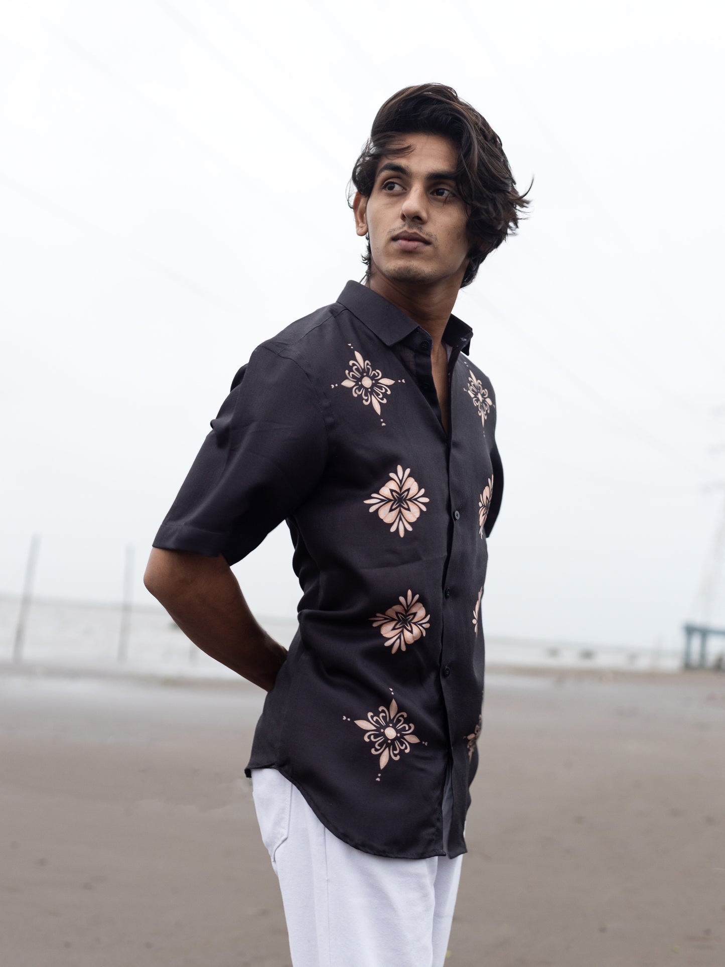 Modern Men's Black Cotton Linen Printed Shirt - Casual Style