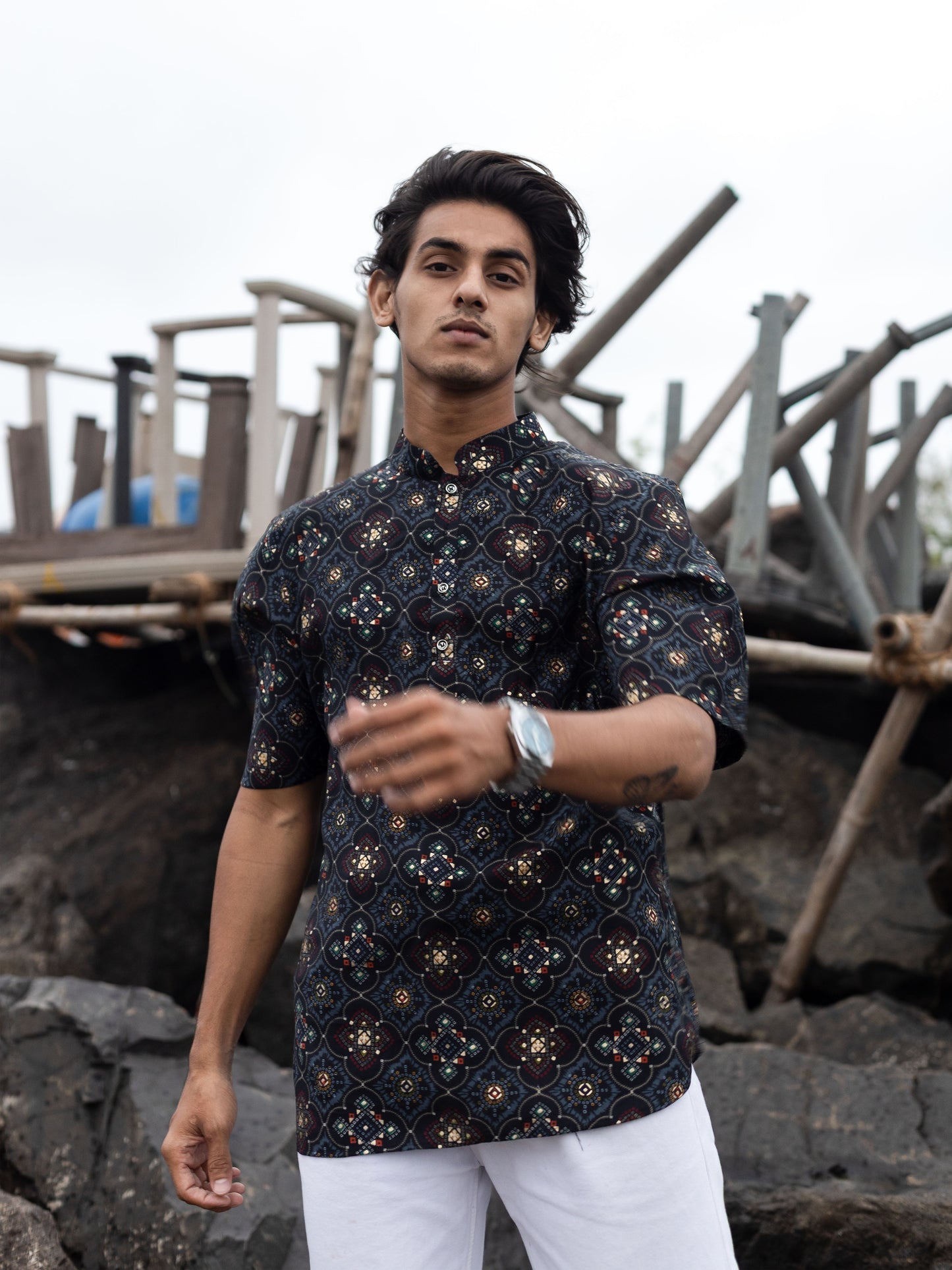 Black Modern Printed Men's Shirt Kurta: Casual Festive Trend