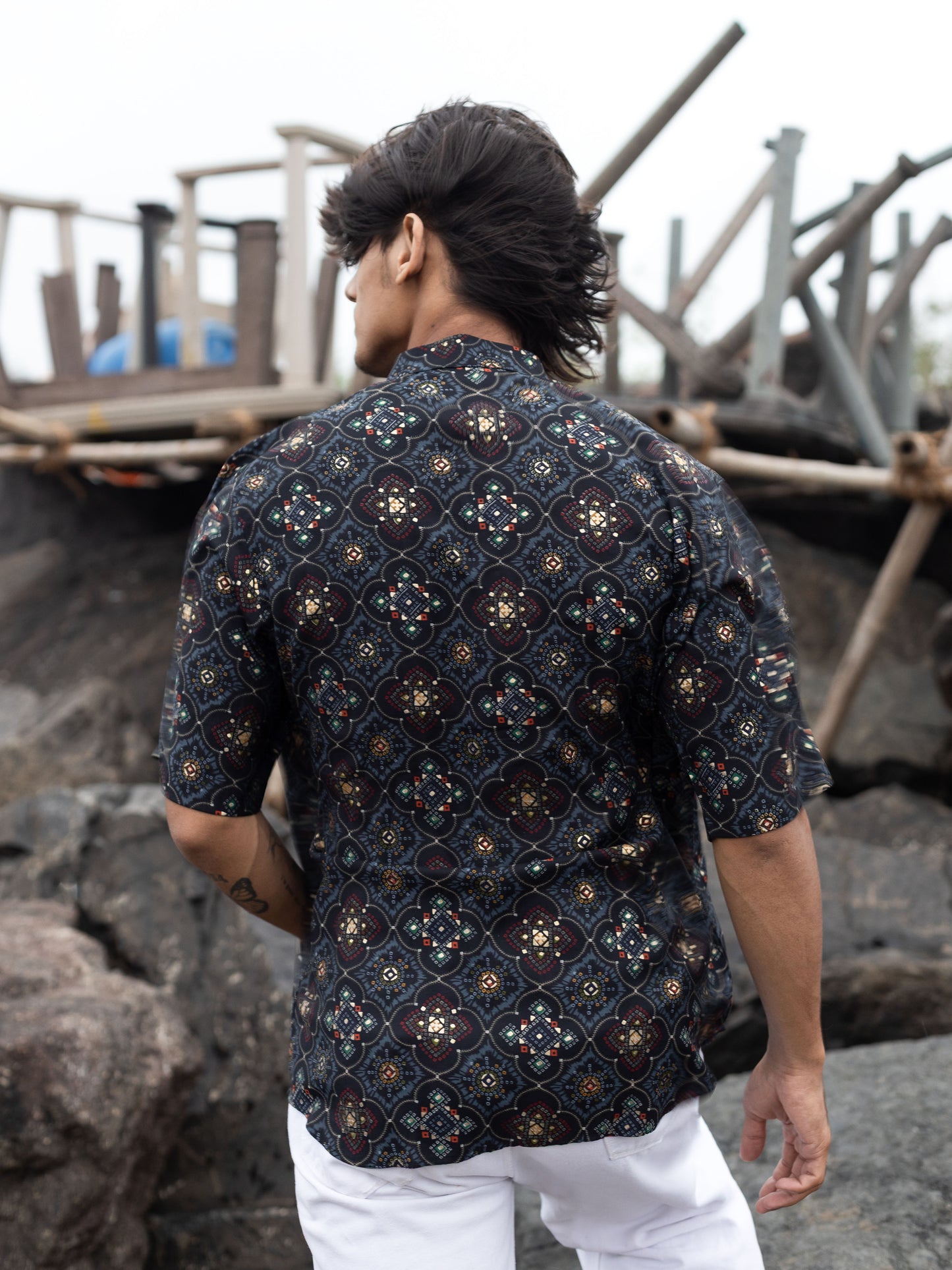 Black Modern Printed Men's Shirt Kurta: Casual Festive Trend