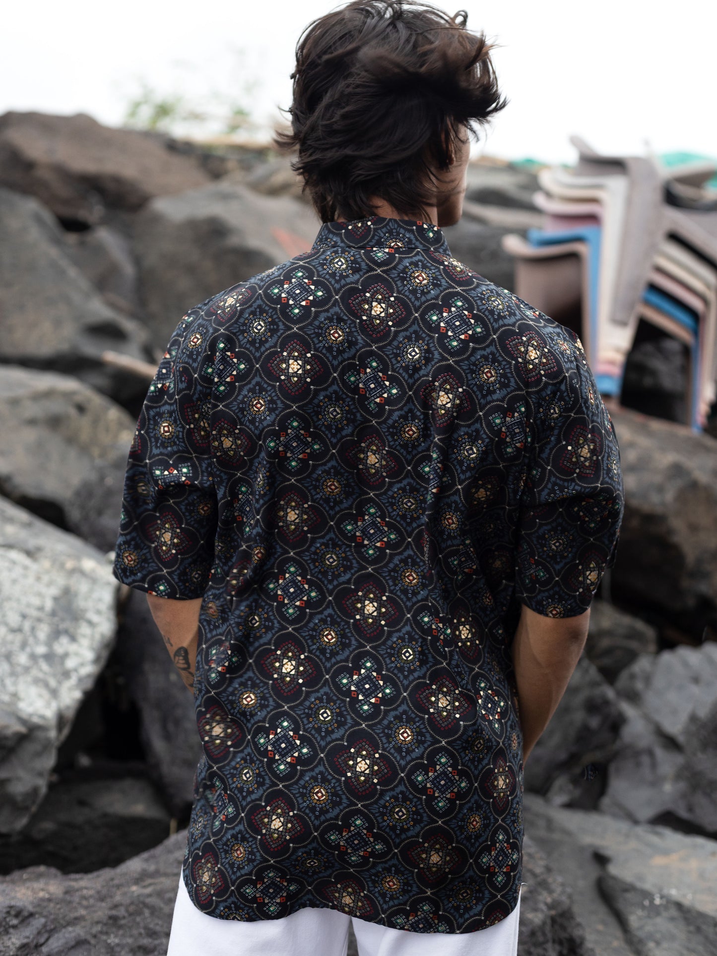 Black Modern Printed Men's Shirt Kurta: Casual Festive Trend