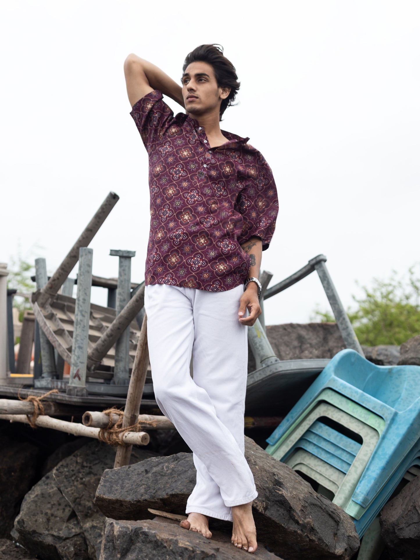 Magenta Modern Printed Men's Shirt Kurta: Casual Festive Trend