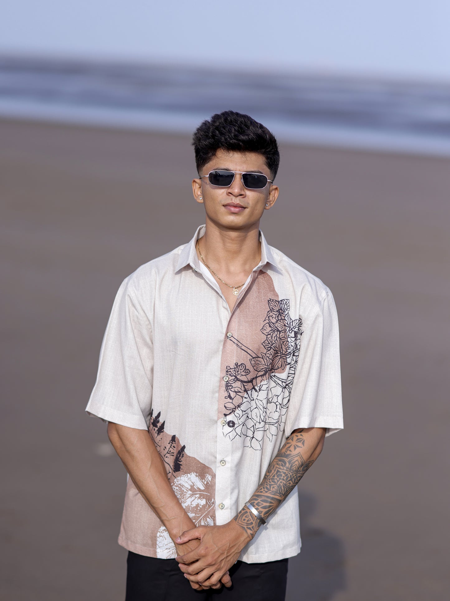 Men’s Cream Cotton Linen Shirt with Artistic Floral Sketch Print