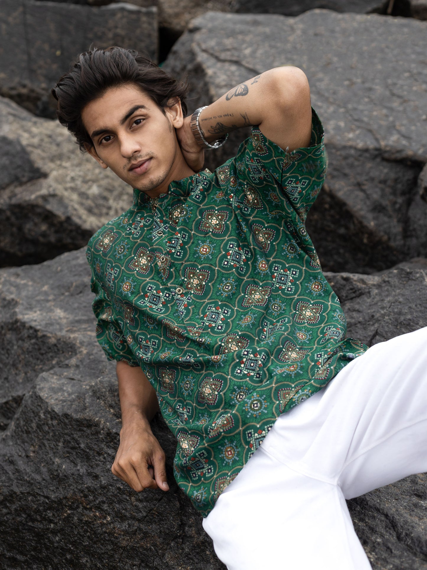Green Modern Printed Men's Shirt Kurta: Casual Festive Trend