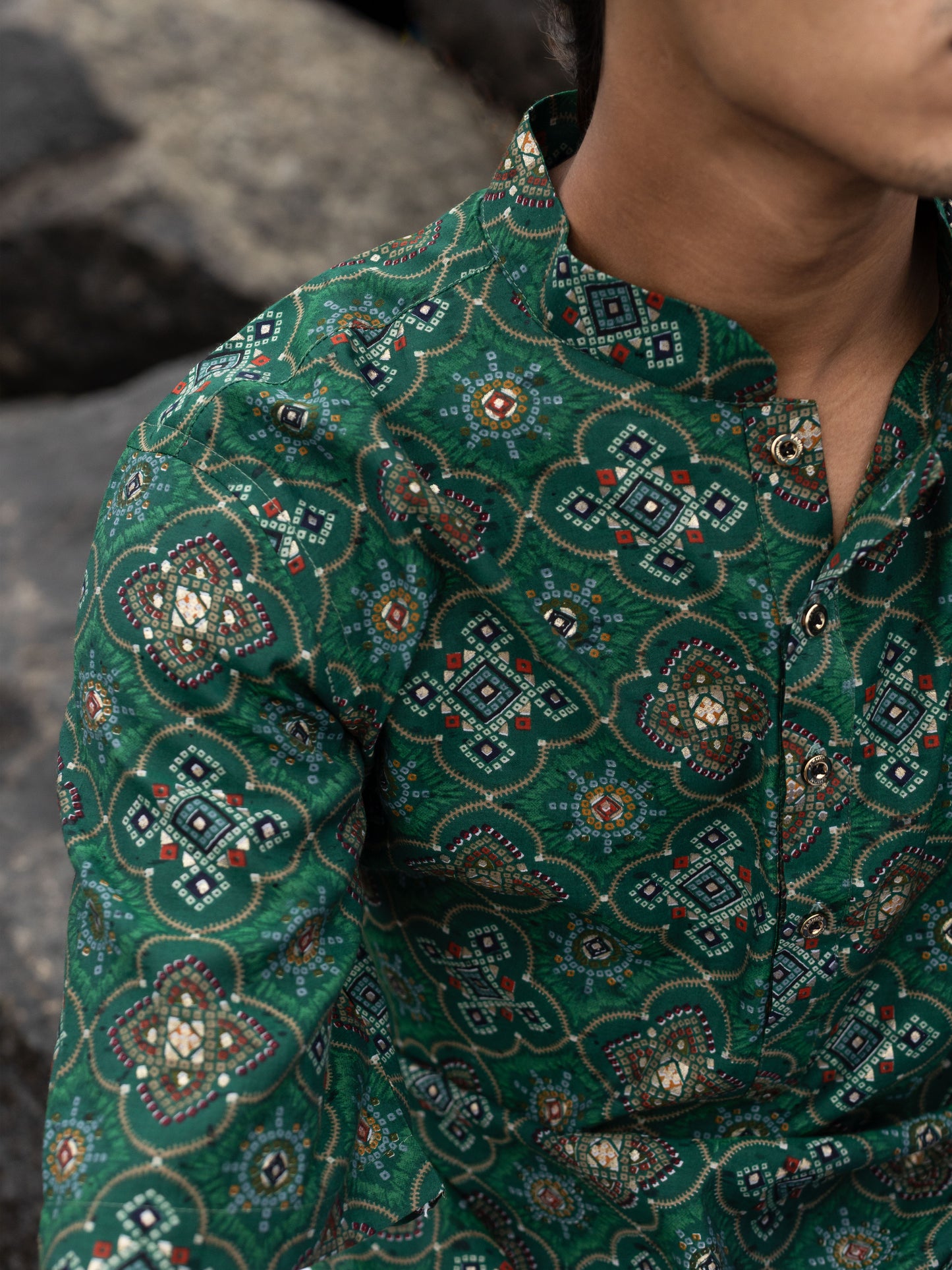 Green Modern Printed Men's Shirt Kurta: Casual Festive Trend