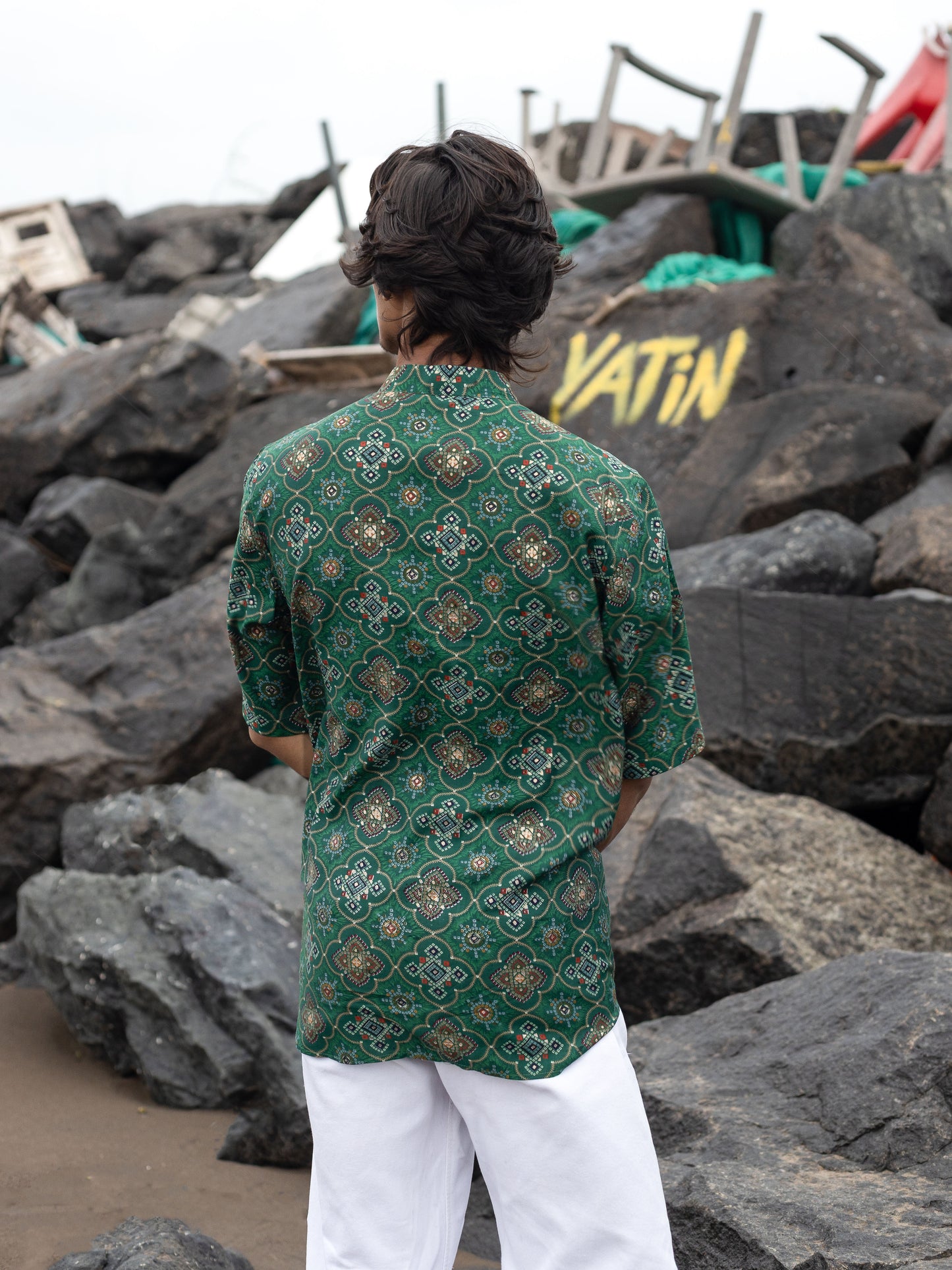 Green Modern Printed Men's Shirt Kurta: Casual Festive Trend