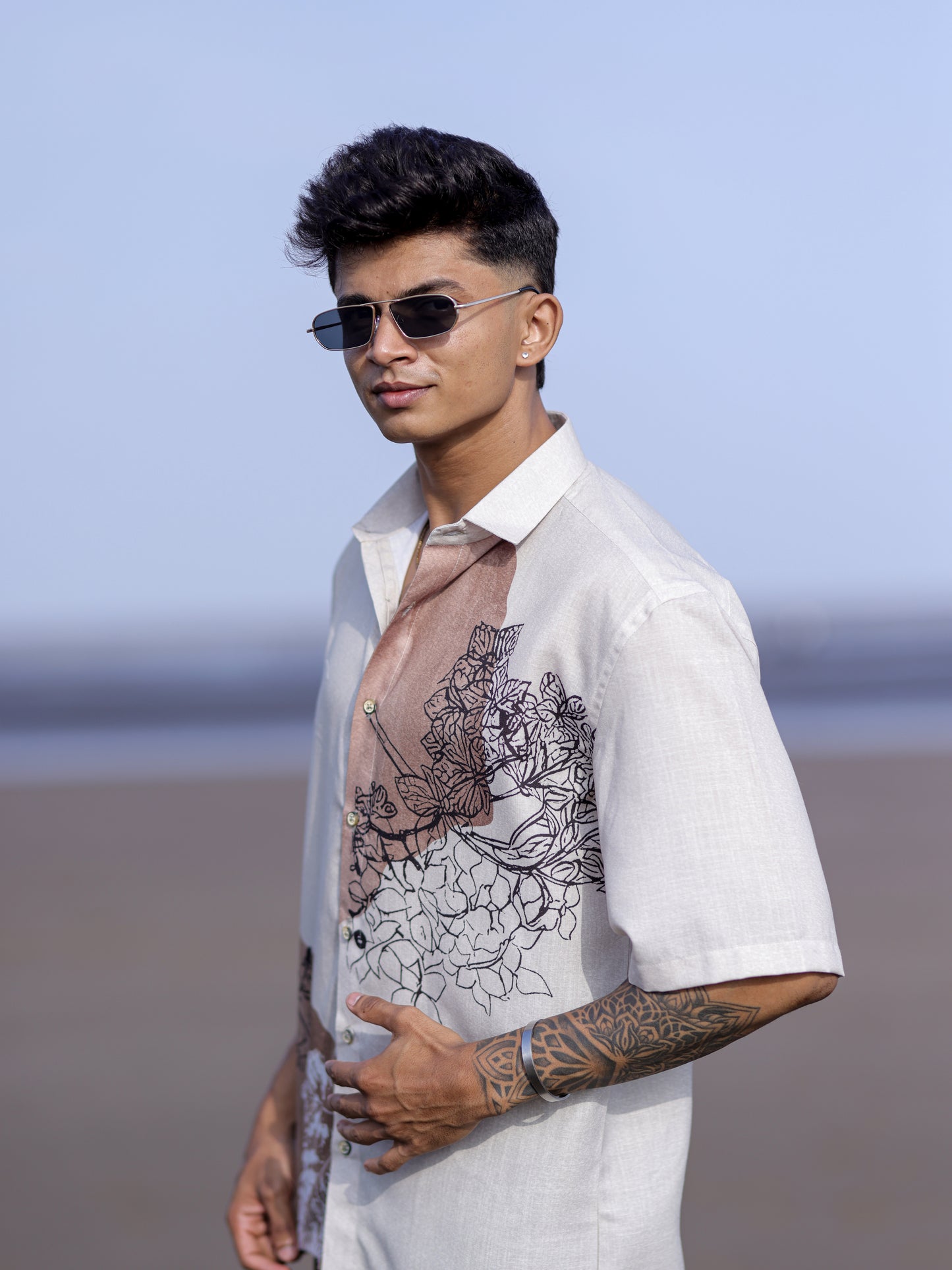 Men’s Cream Cotton Linen Shirt with Artistic Floral Sketch Print