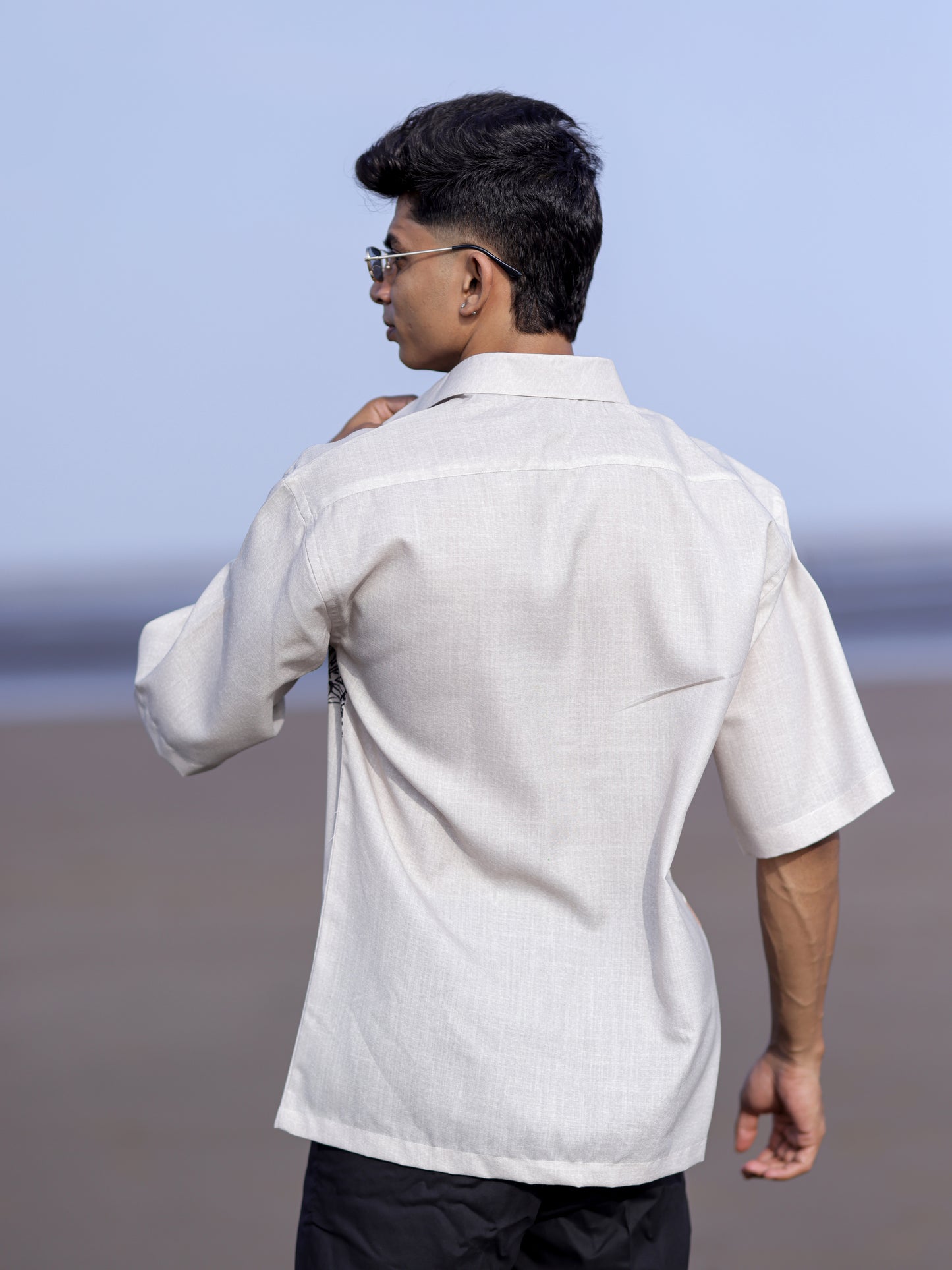 Men’s Cream Cotton Linen Shirt with Artistic Floral Sketch Print