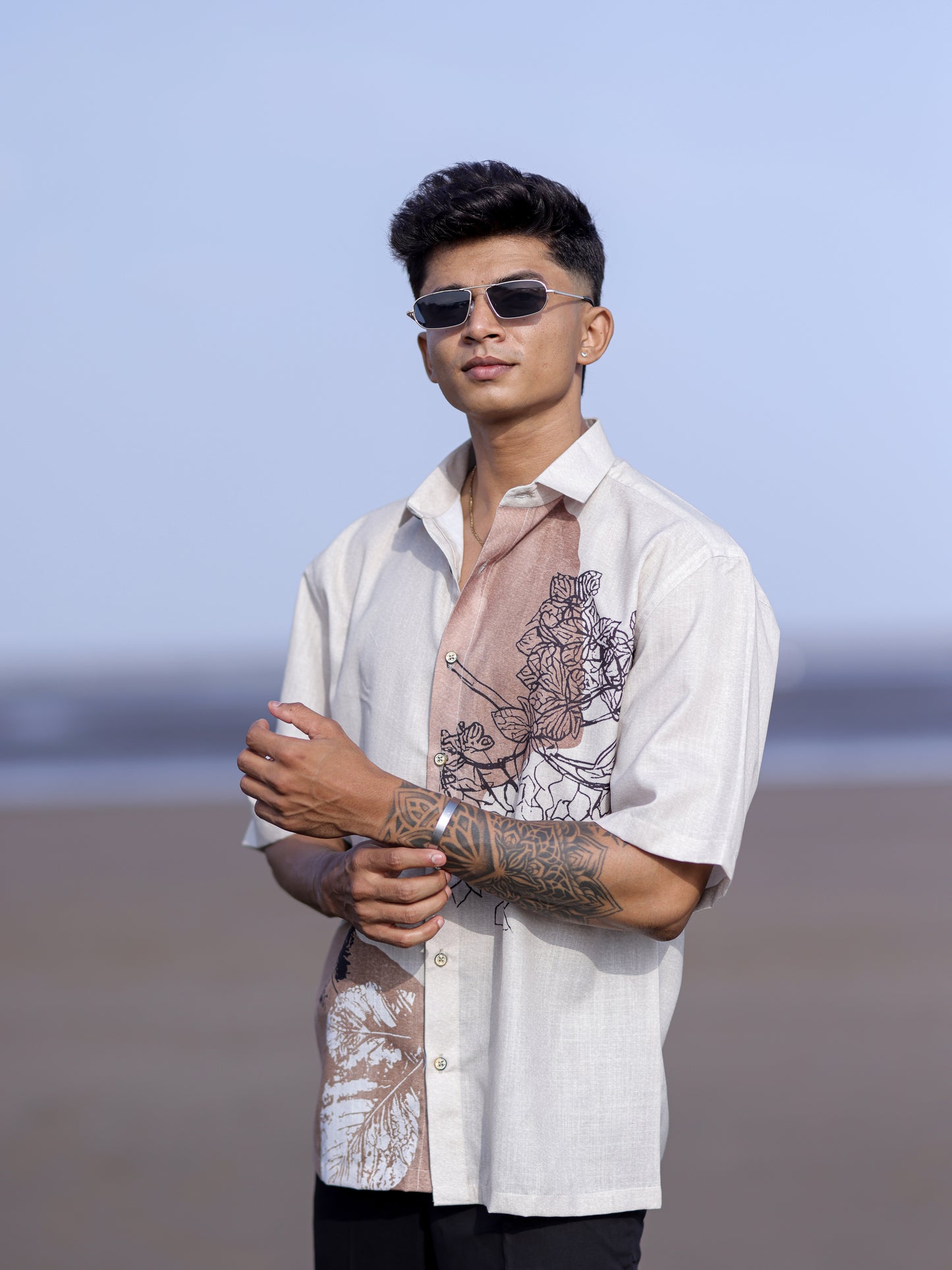 Men’s Cream Cotton Linen Shirt with Artistic Floral Sketch Print