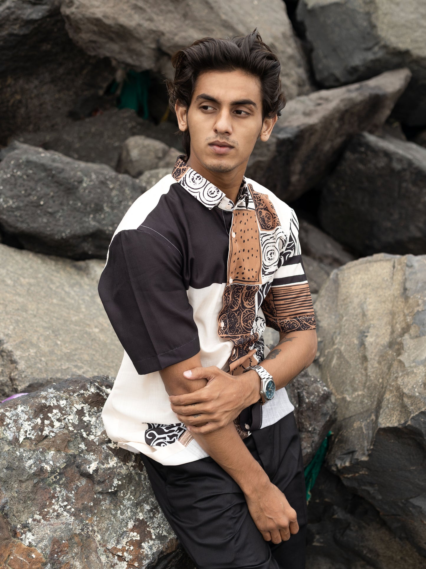 Trendy Patchwork Printed Cotton Line Shirt for Men – Patchwork Fashion