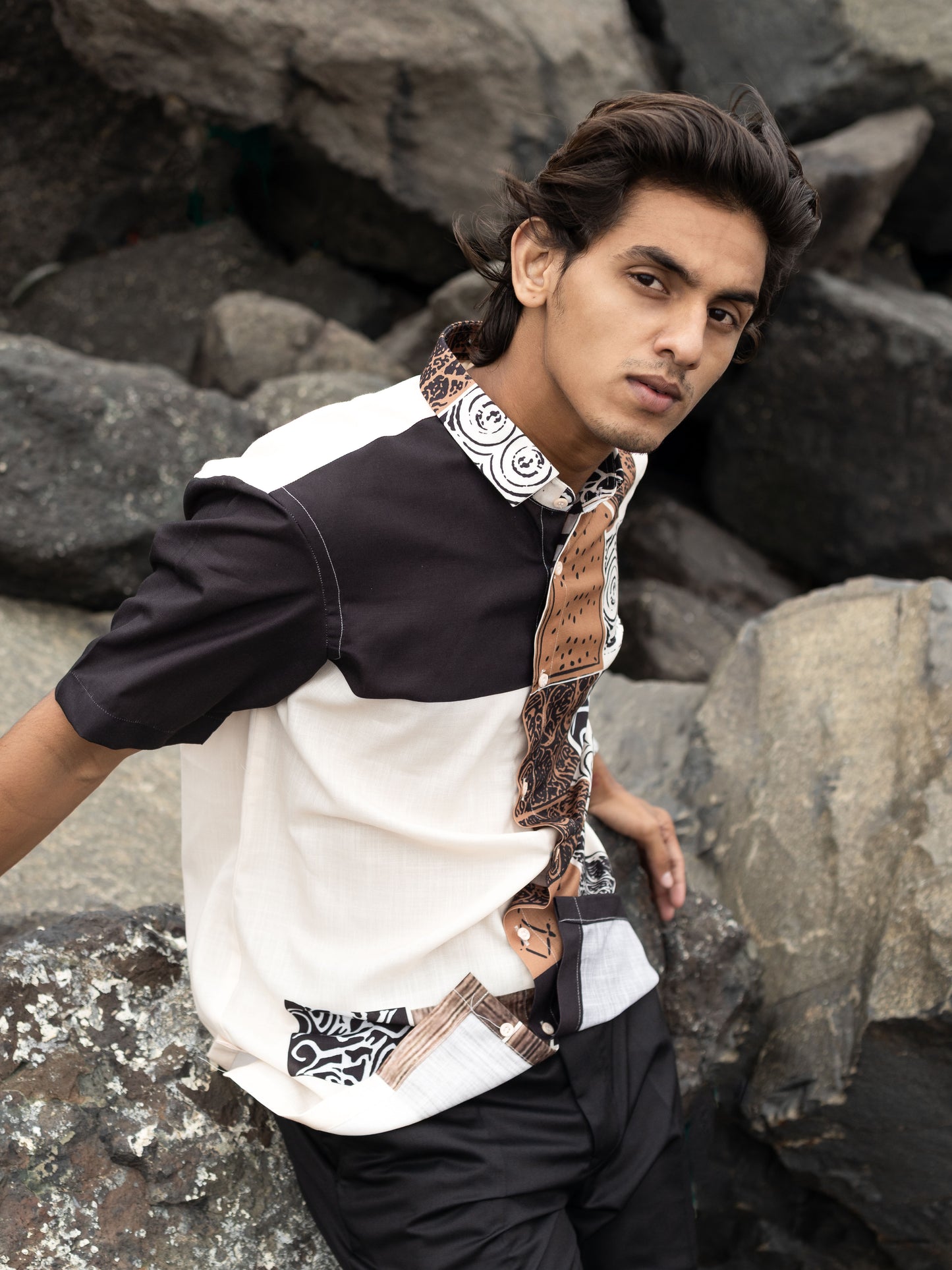 Trendy Patchwork Printed Cotton Line Shirt for Men – Patchwork Fashion