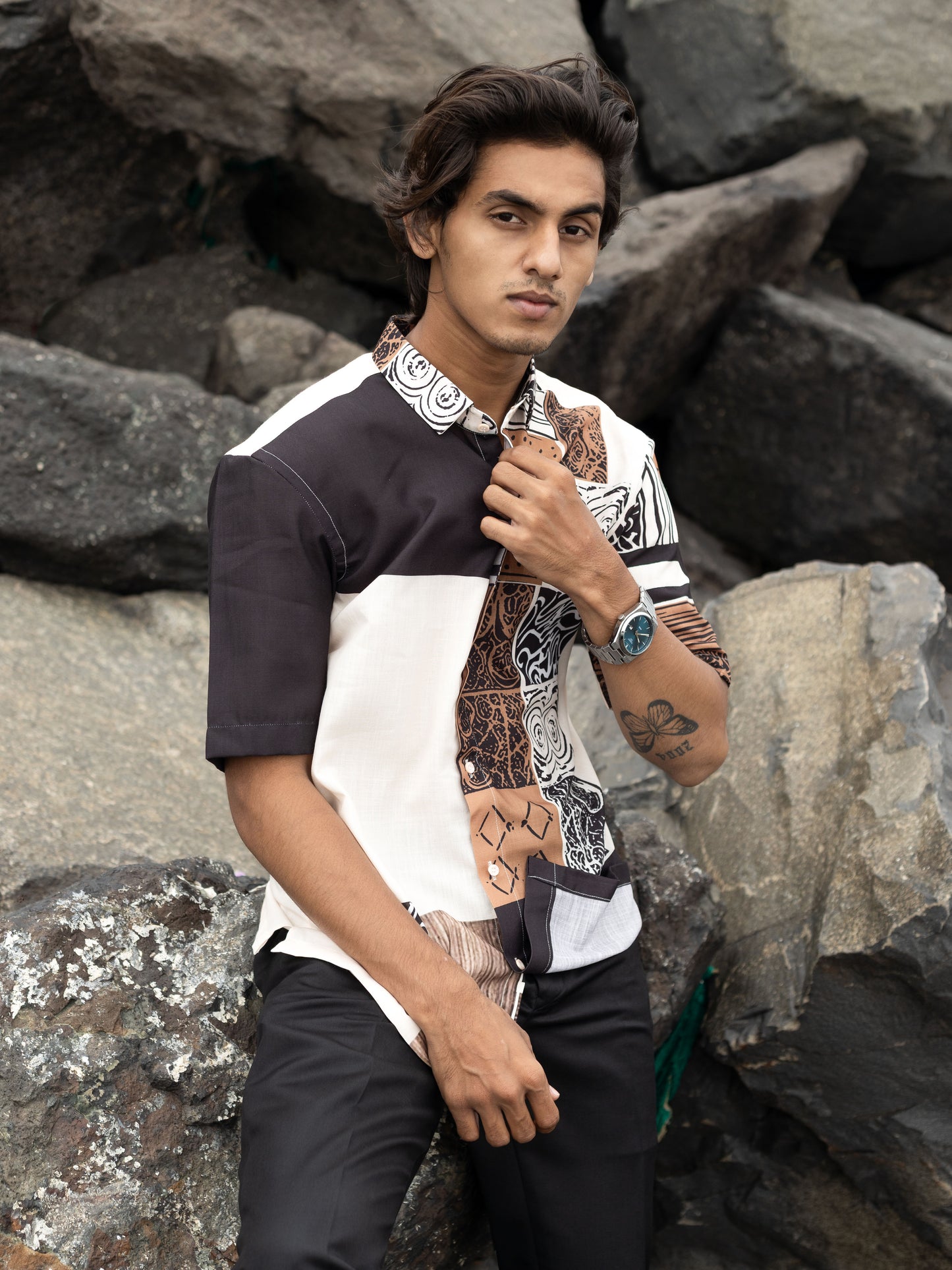 Trendy Patchwork Printed Cotton Line Shirt for Men – Patchwork Fashion