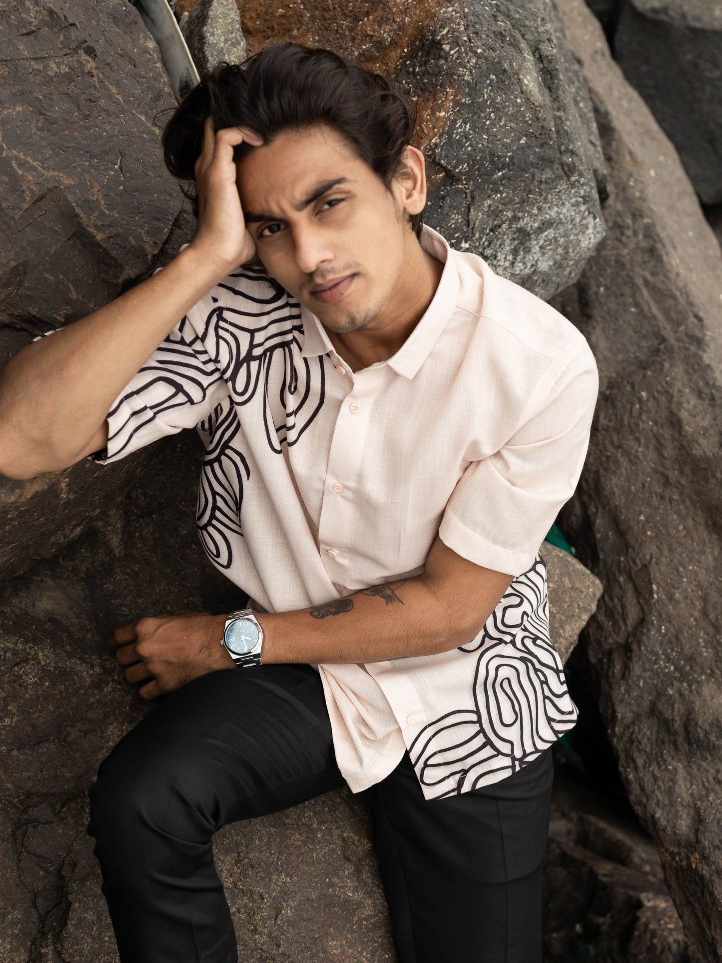 Modern Cream Abstract Print Cotton Line Shirt for Men: Fashion Trend