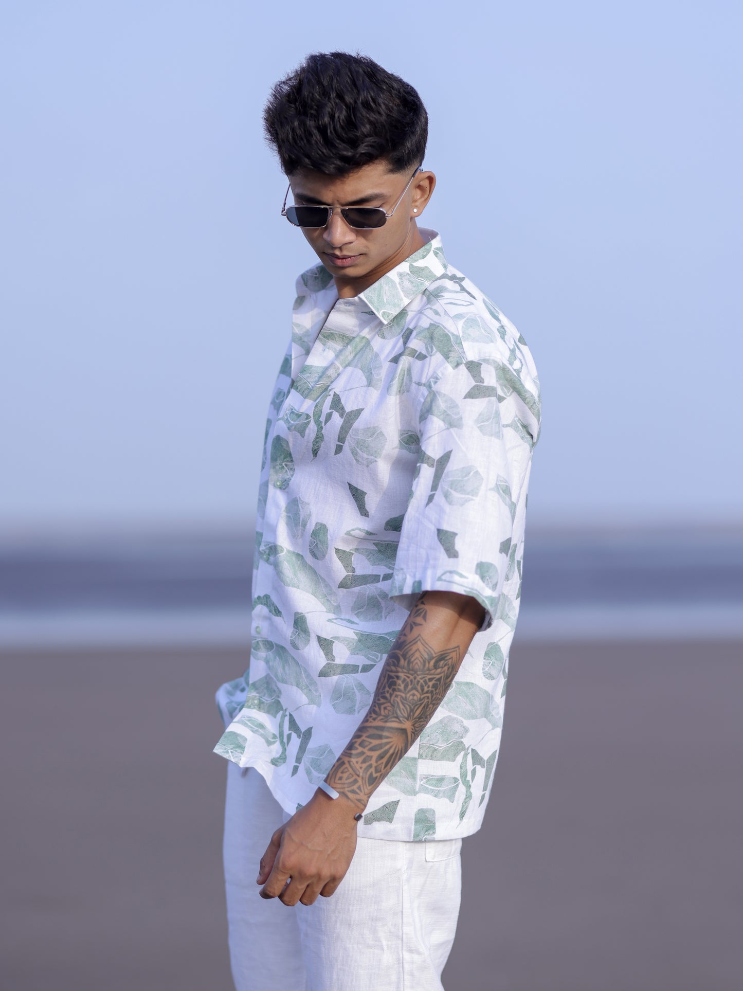 Men’s Tropical White & Green Leaf Print Linen Shirt