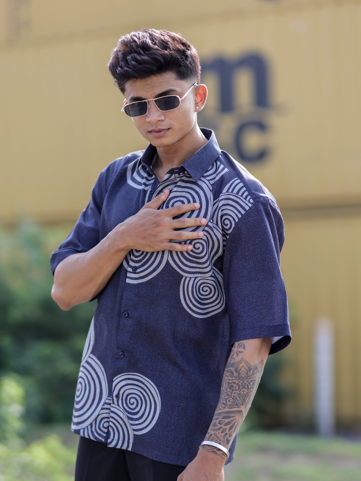 Navy Blue Cotton Linen Shirt for Men | Modern Spiral Print Trending Fashion