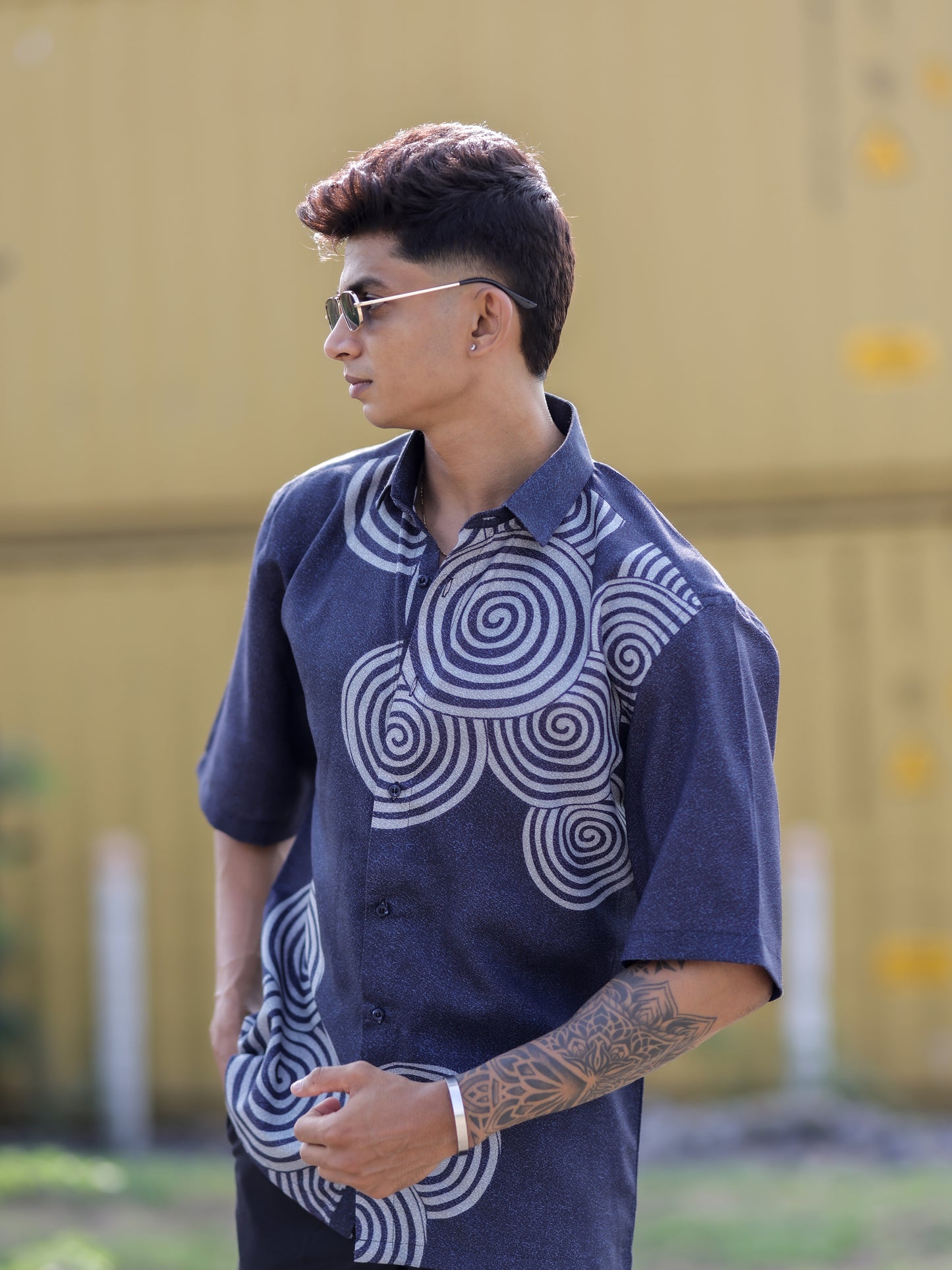 Navy Blue Cotton Linen Shirt for Men | Modern Spiral Print Trending Fashion