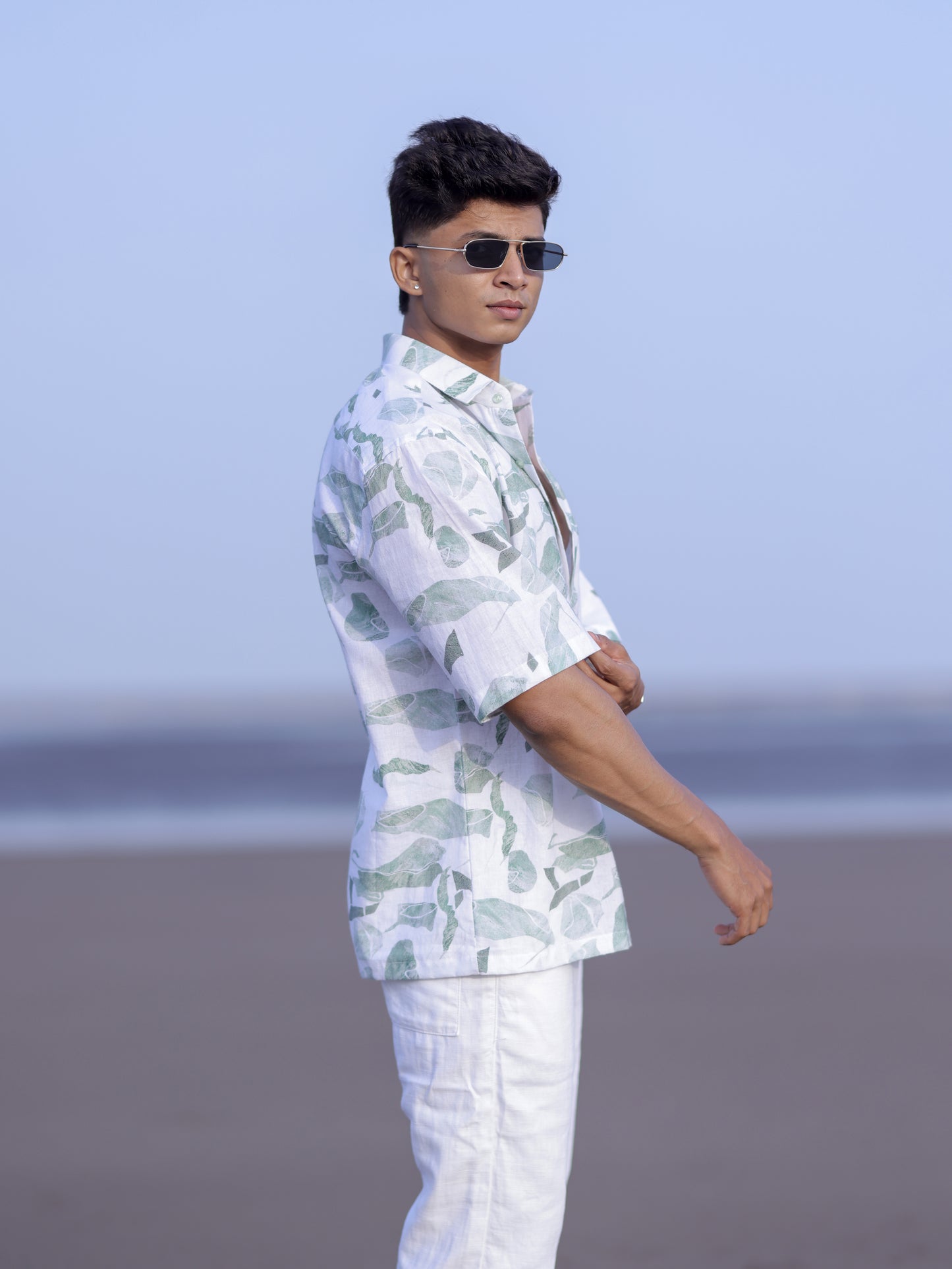 Men’s Tropical White & Green Leaf Print Linen Shirt