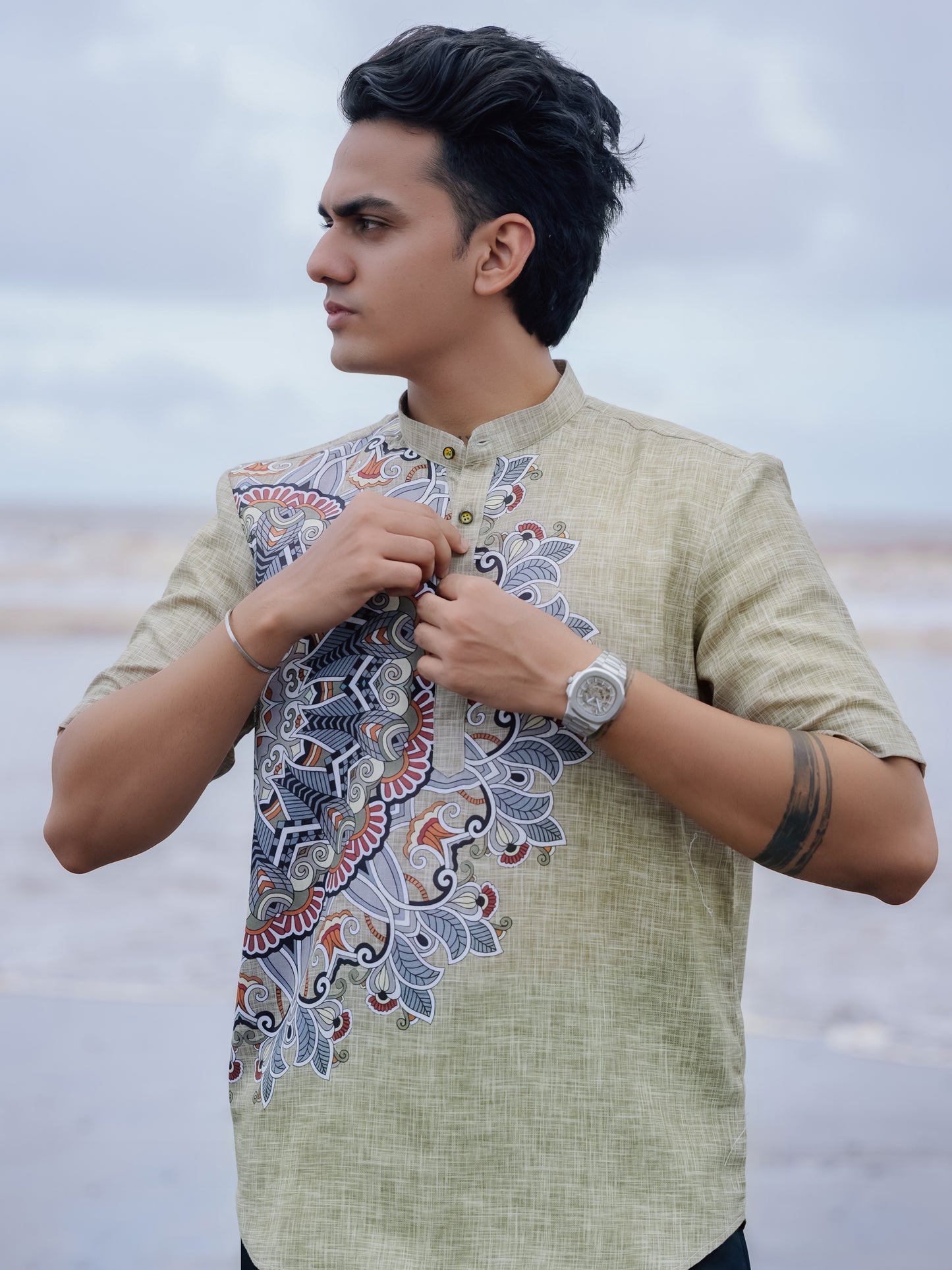 Stylish Printed Cotton Linen Olive Green Ethnic Shirt Kurta for Men