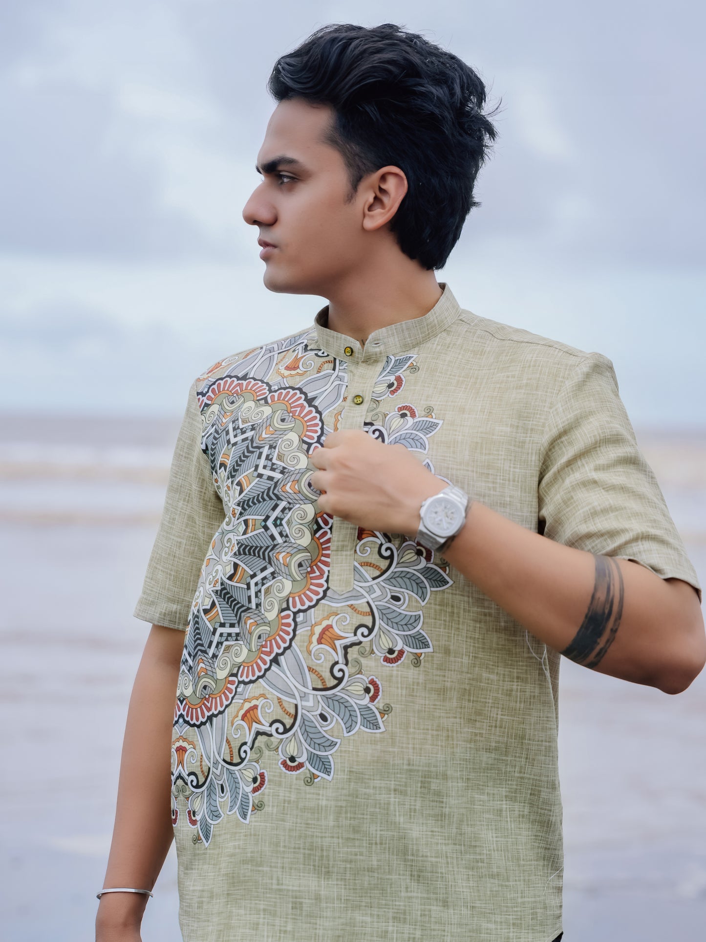 Stylish Printed Cotton Linen Olive Green Ethnic Shirt Kurta for Men
