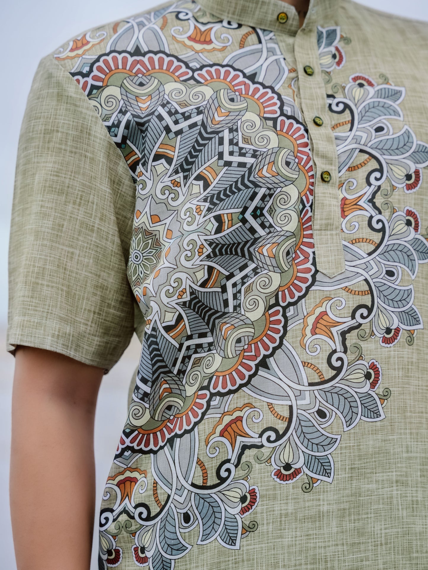 Stylish Printed Cotton Linen Olive Green Ethnic Shirt Kurta for Men
