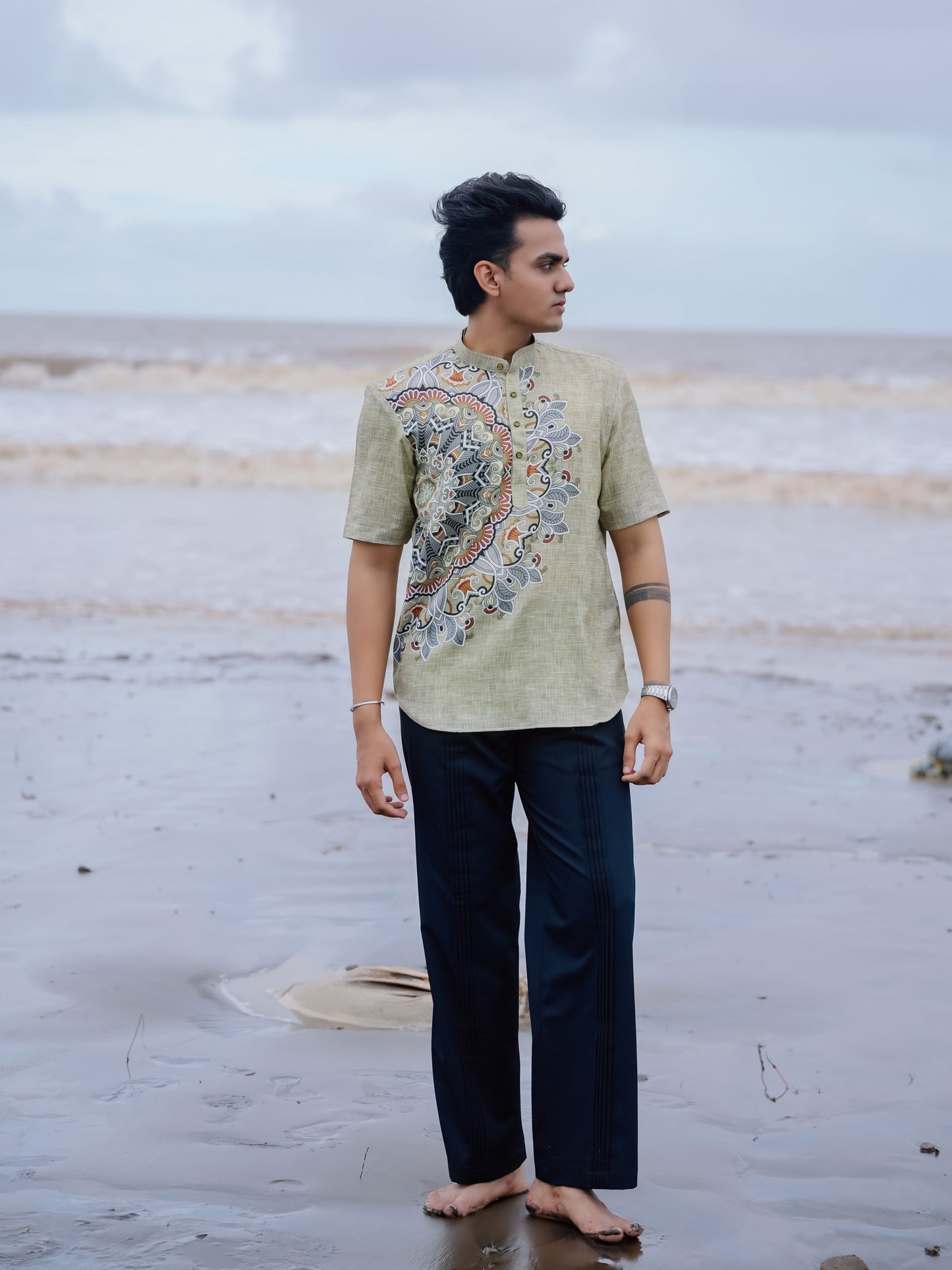 Stylish Printed Cotton Linen Olive Green Ethnic Shirt Kurta for Men