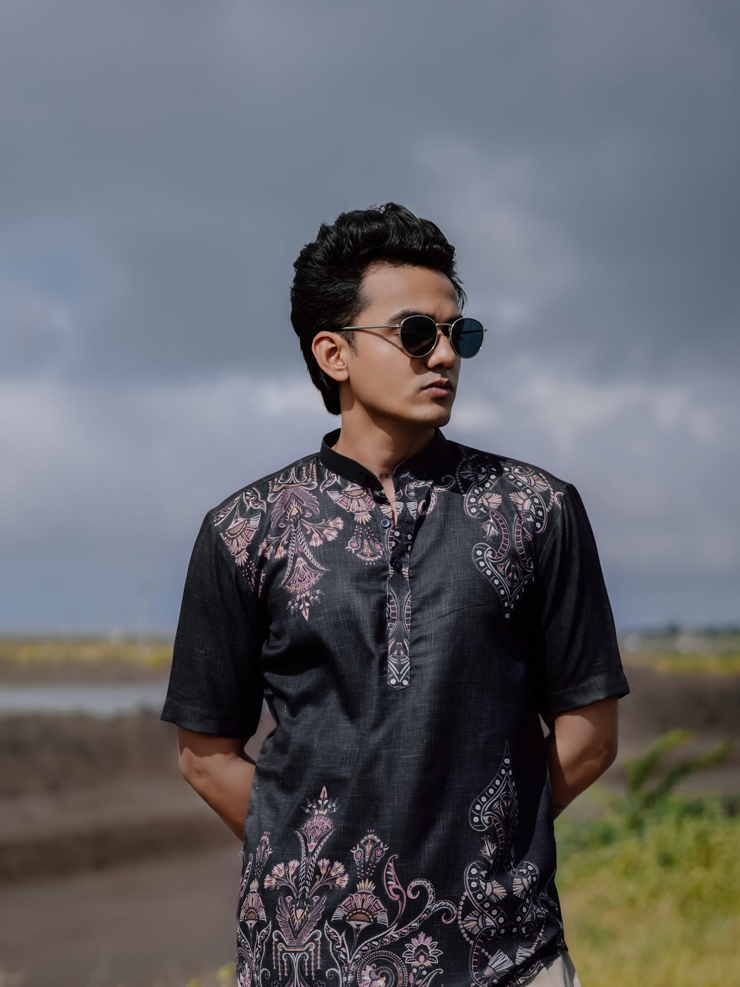 Modern Ethnic Black Printed Cotton Linen Shirt Kurta for Men