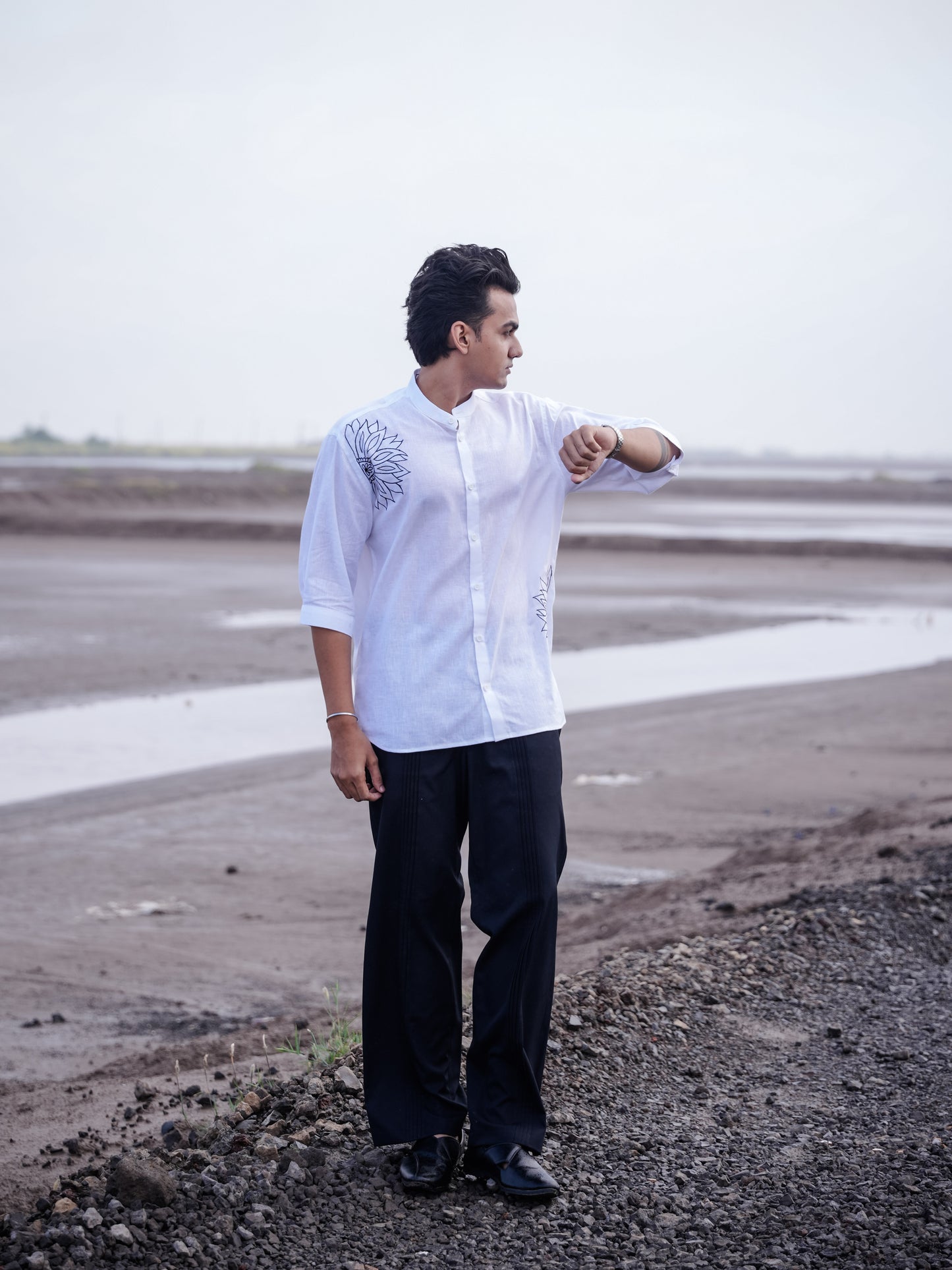White Mandarin Collar Floral Embroidery Cotton Linen Shirt
