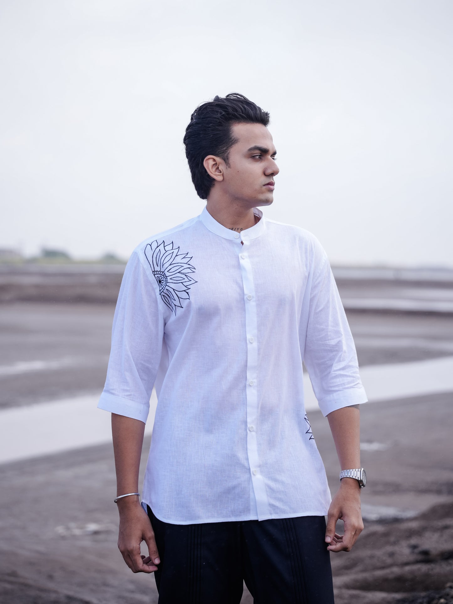 White Mandarin Collar Floral Embroidery Cotton Linen Shirt