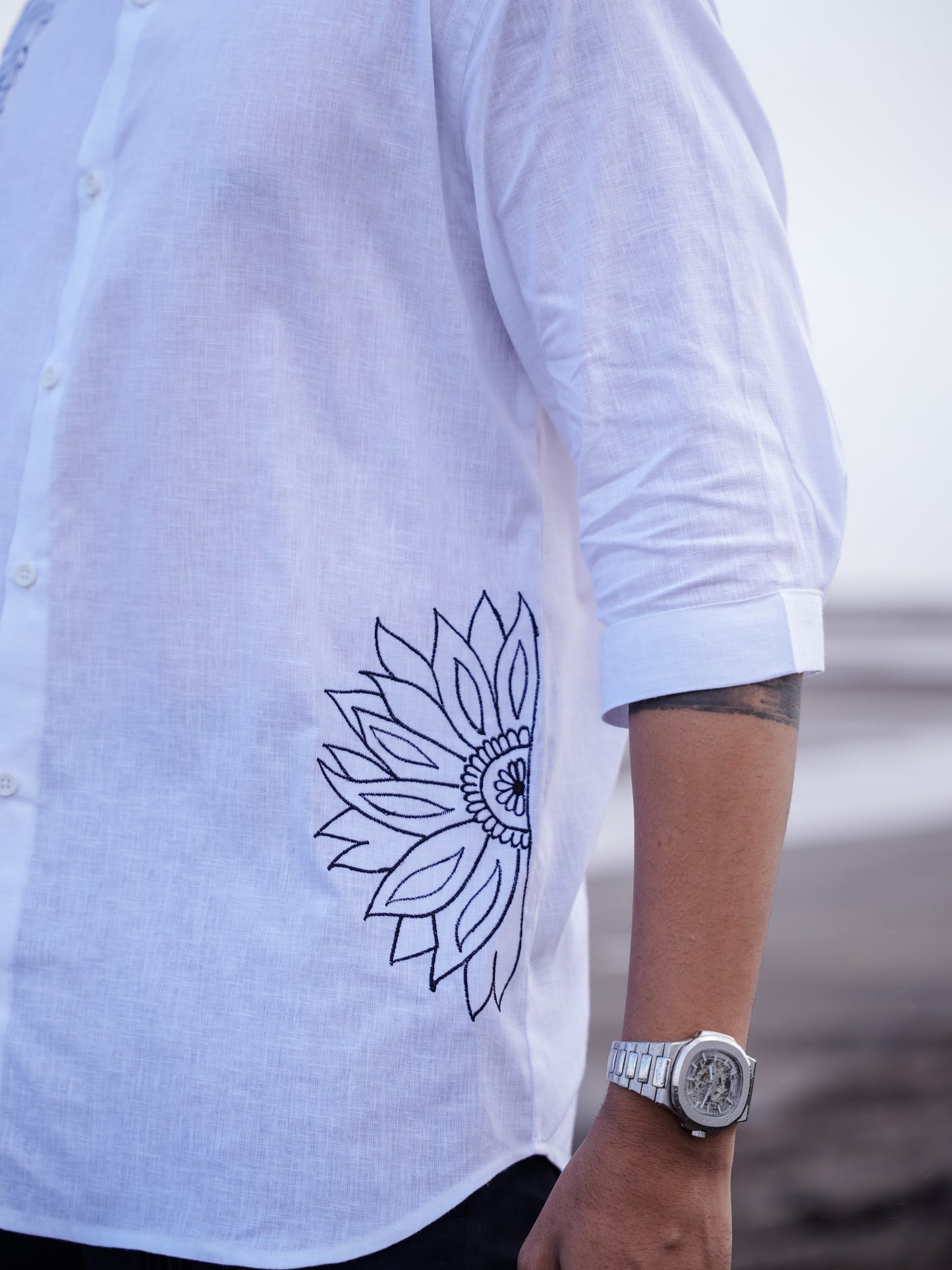 White Mandarin Collar Floral Embroidery Cotton Linen Shirt