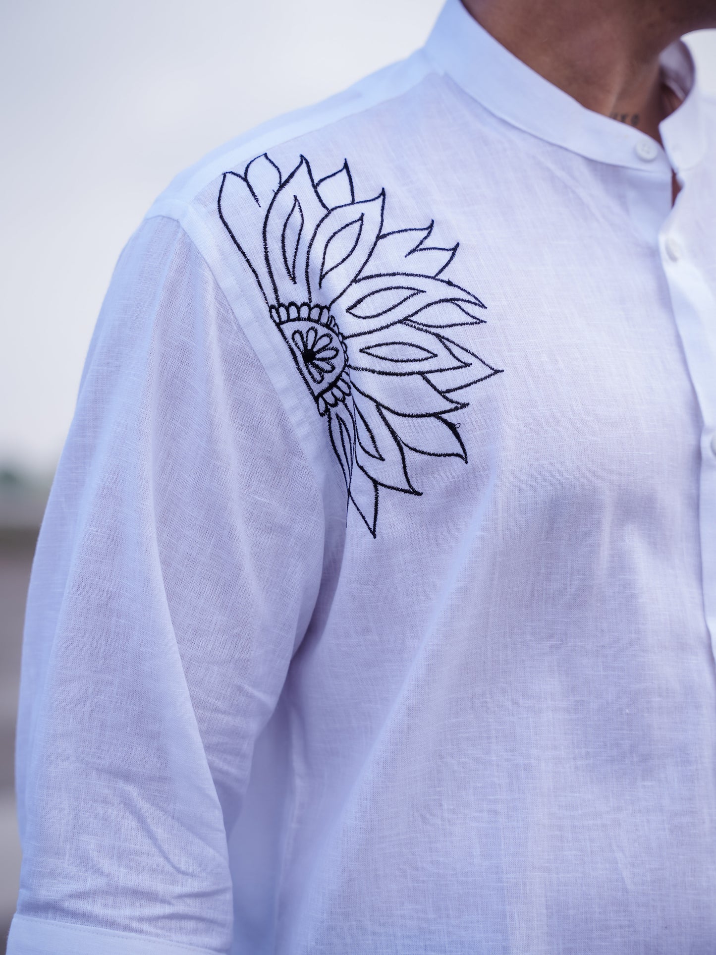 White Mandarin Collar Floral Embroidery Cotton Linen Shirt