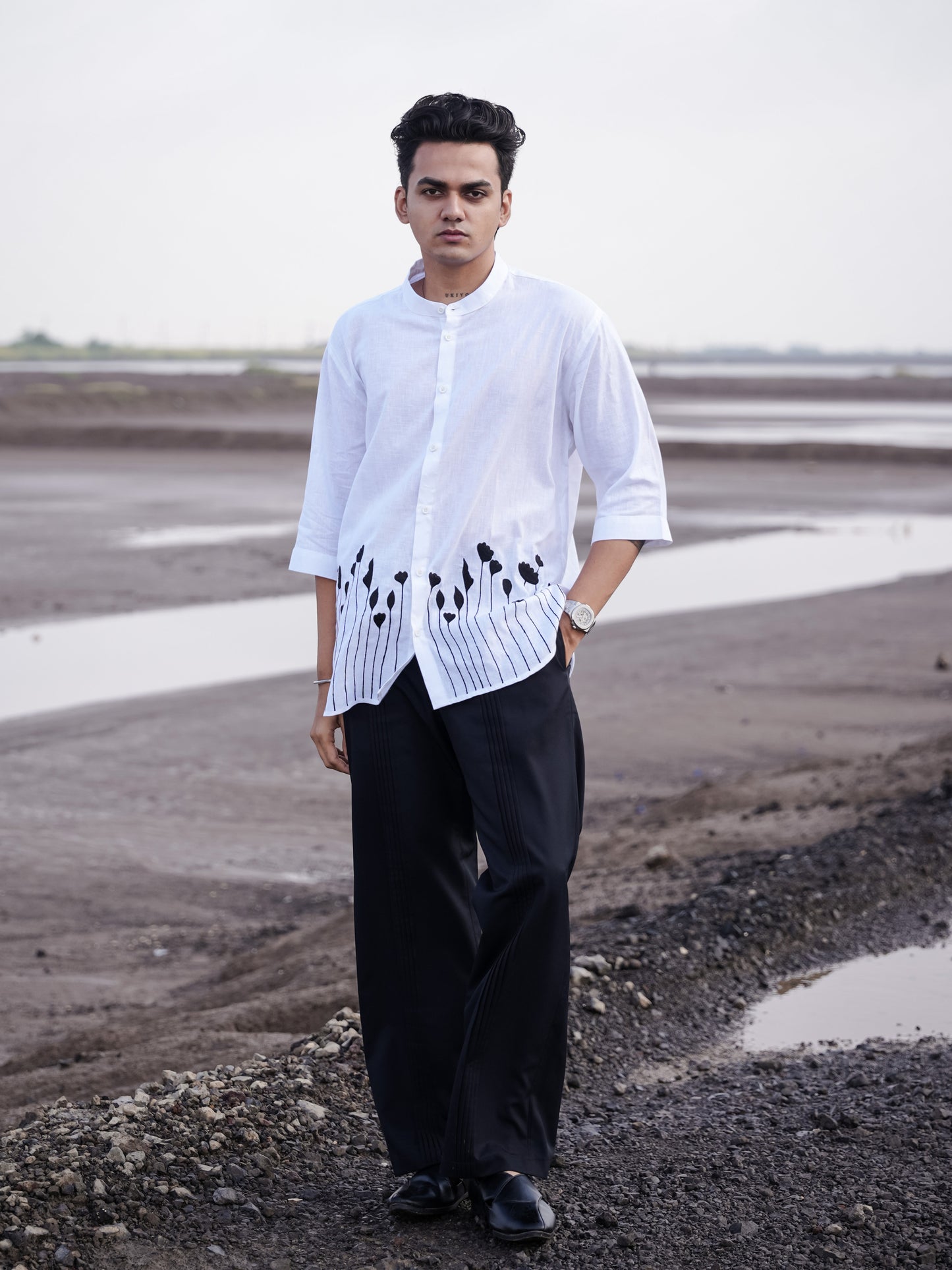 White Mandarin Collar Floral Embroidery Cotton Linen Shirt