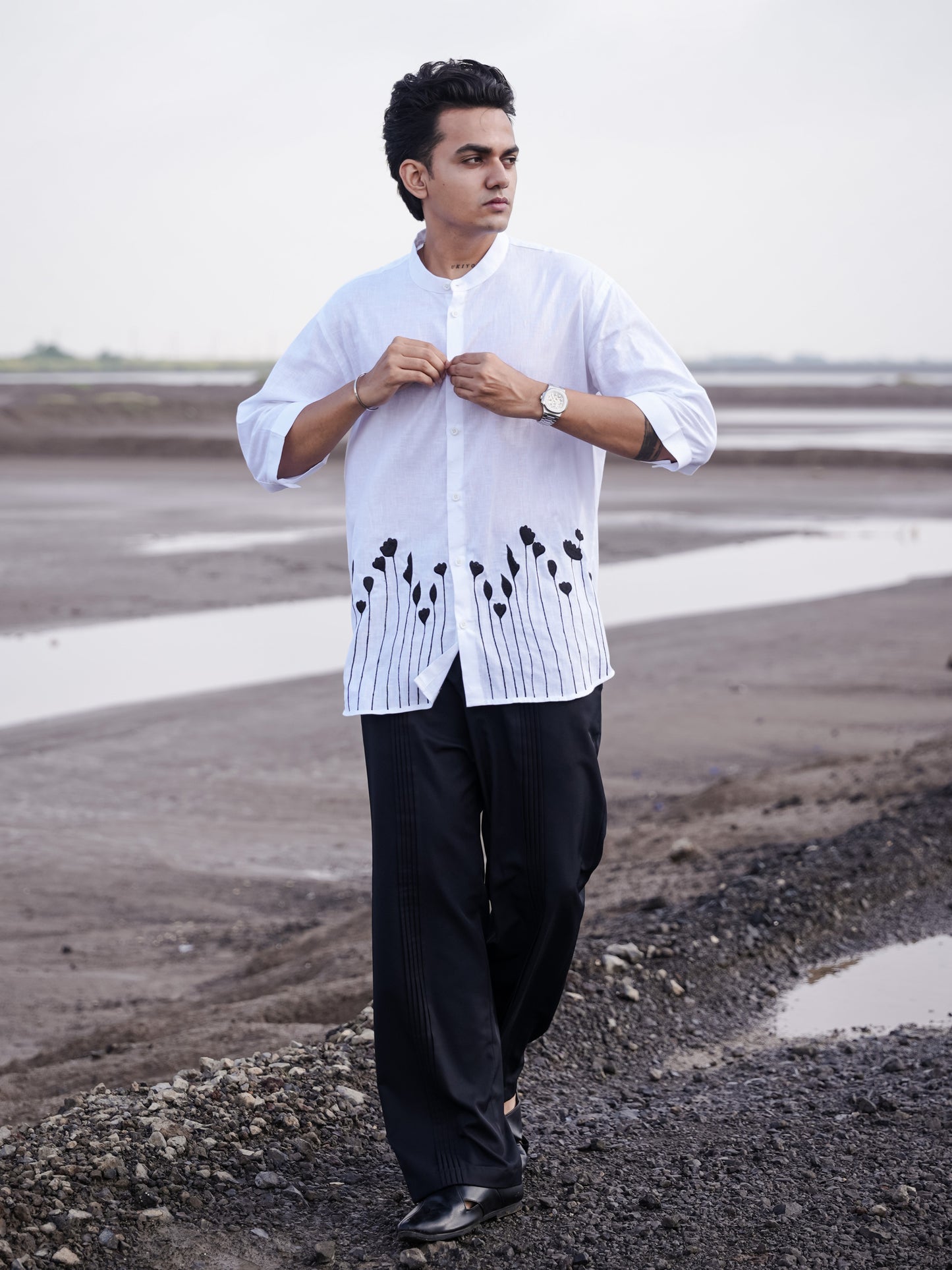 White Mandarin Collar Floral Embroidery Cotton Linen Shirt