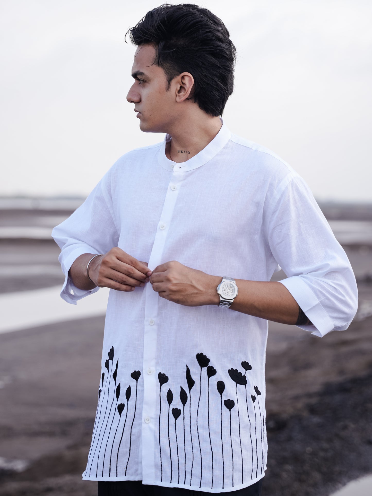White Mandarin Collar Floral Embroidery Cotton Linen Shirt