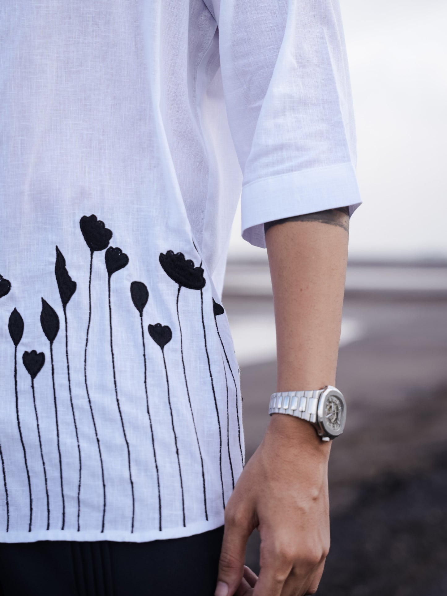 White Mandarin Collar Floral Embroidery Cotton Linen Shirt