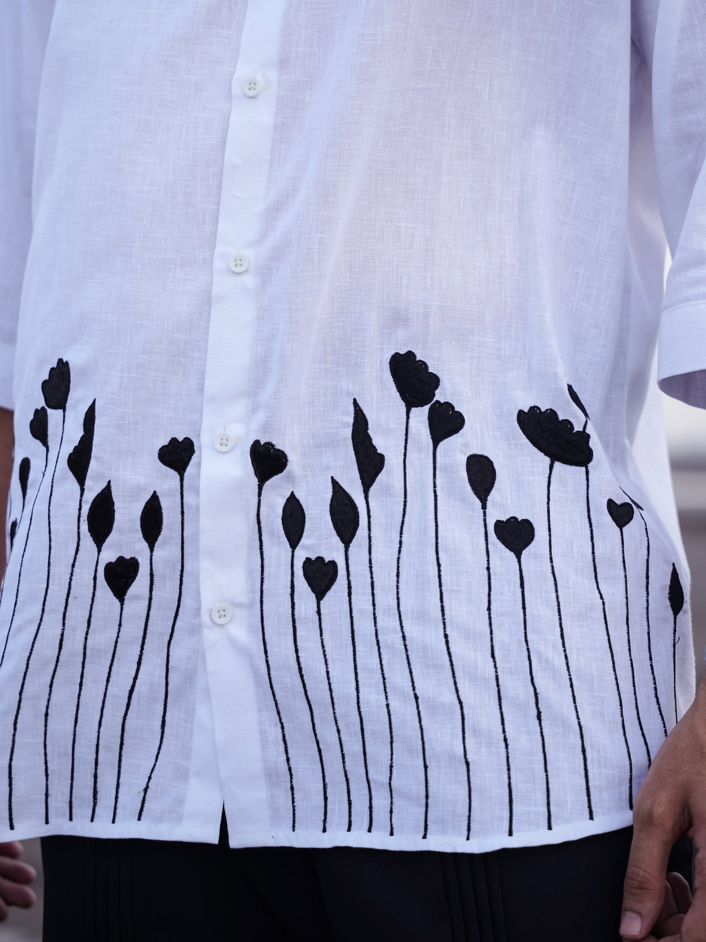 White Mandarin Collar Floral Embroidery Cotton Linen Shirt