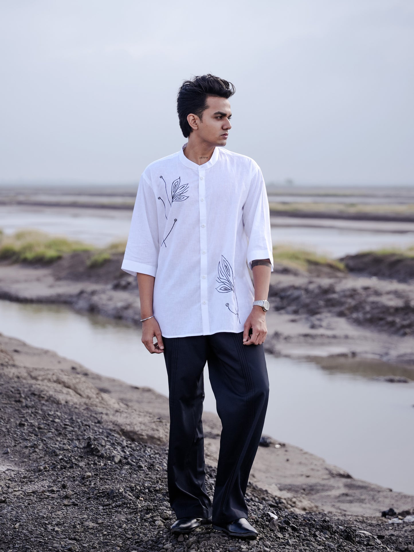 White Floral Embroidery Cotton Linen Mandarin Collar Shirt