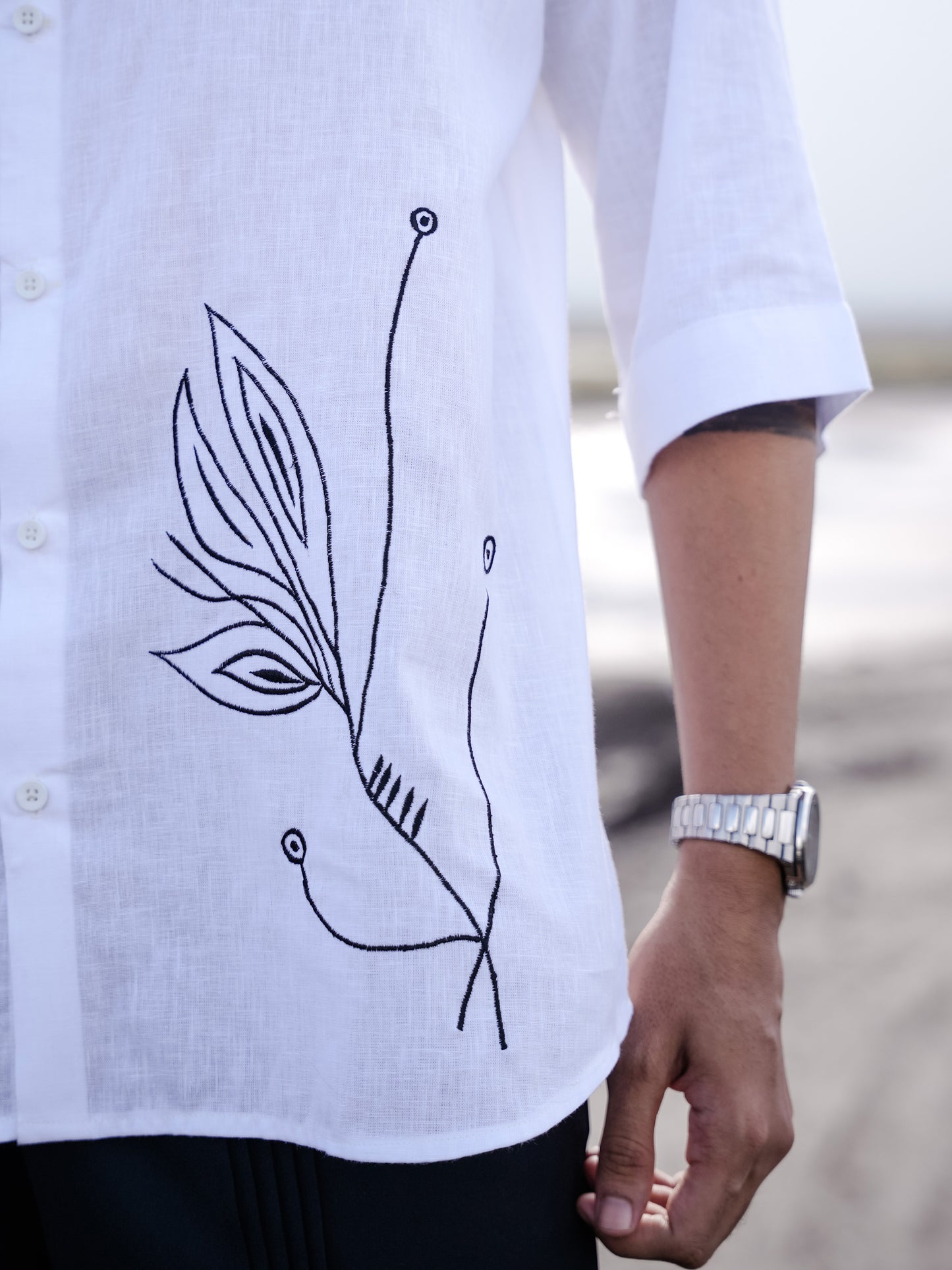 White Floral Embroidery Cotton Linen Mandarin Collar Shirt