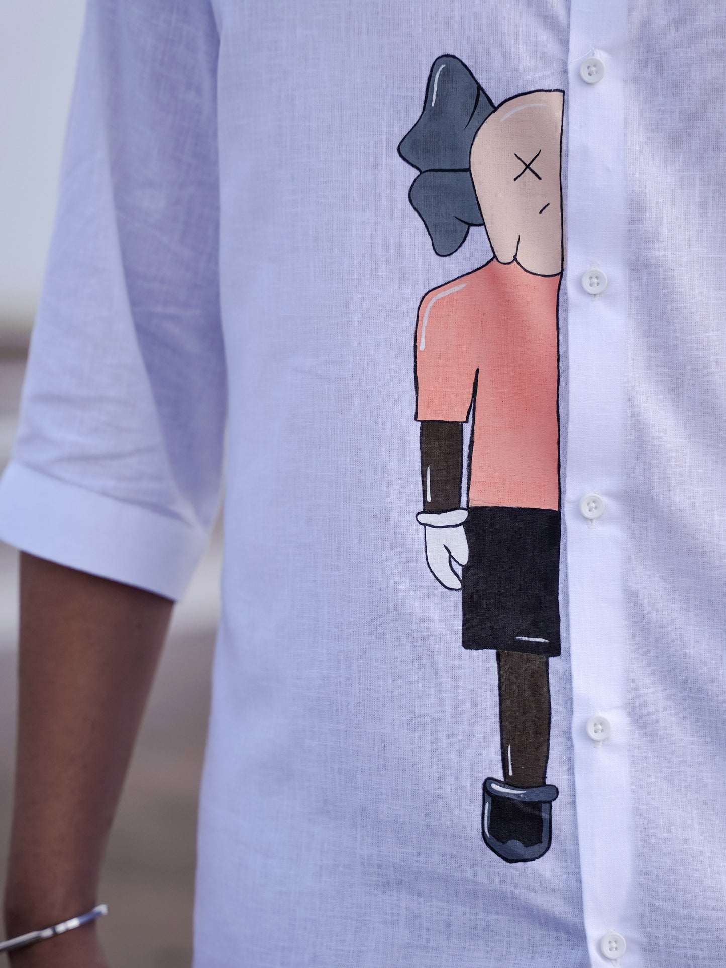 Trendy White Mandarin Collar Linen Cotton Shirt with Graphic Print