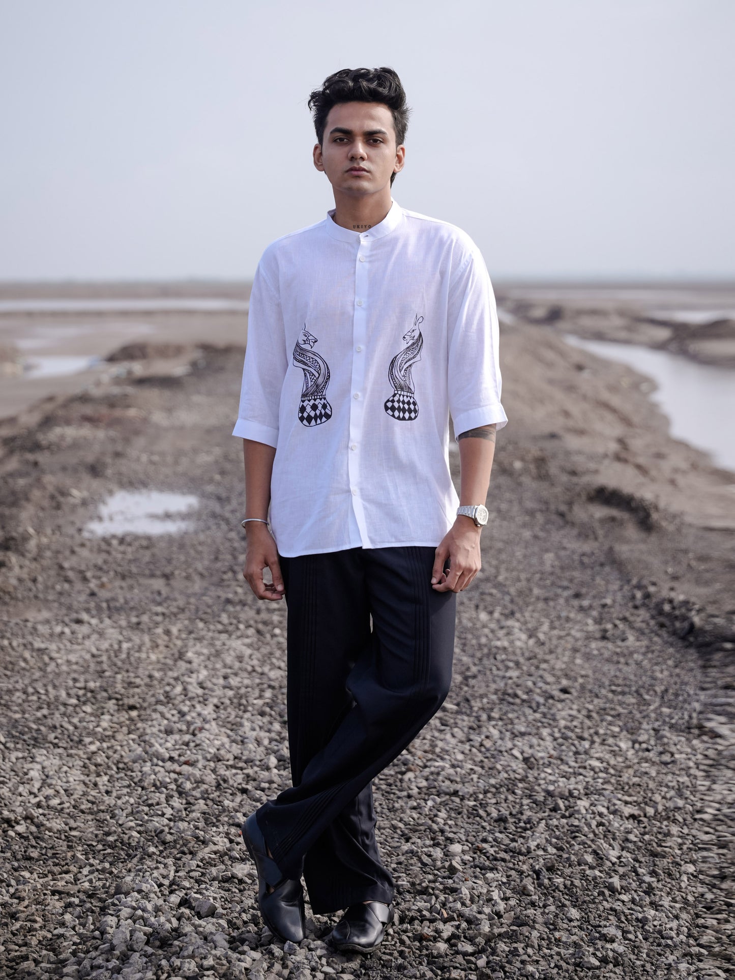 White Cotton Linen Shirt with Hand Painted Snake Print